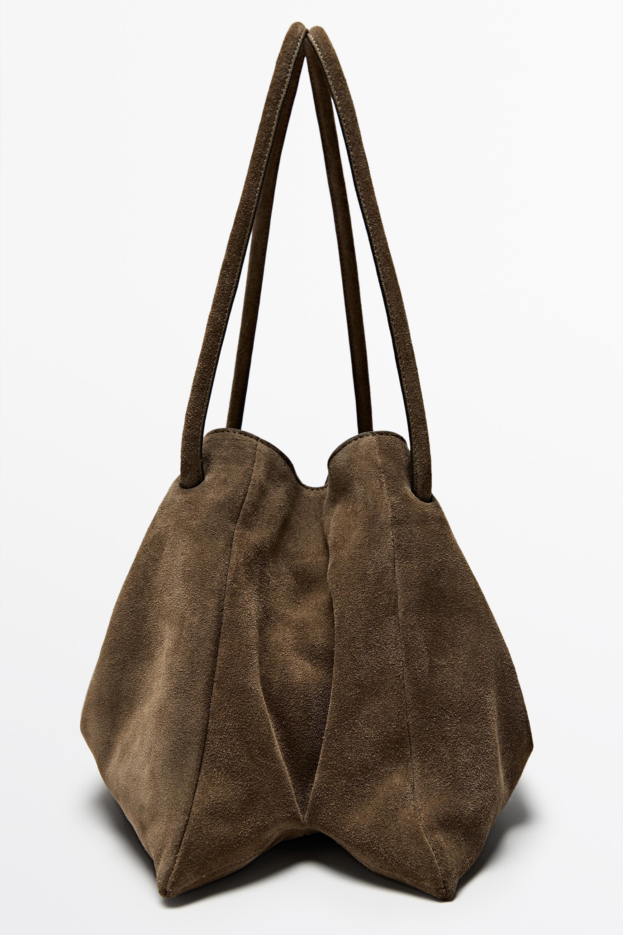 Ruched split suede leather bag — MOLE BROWN
