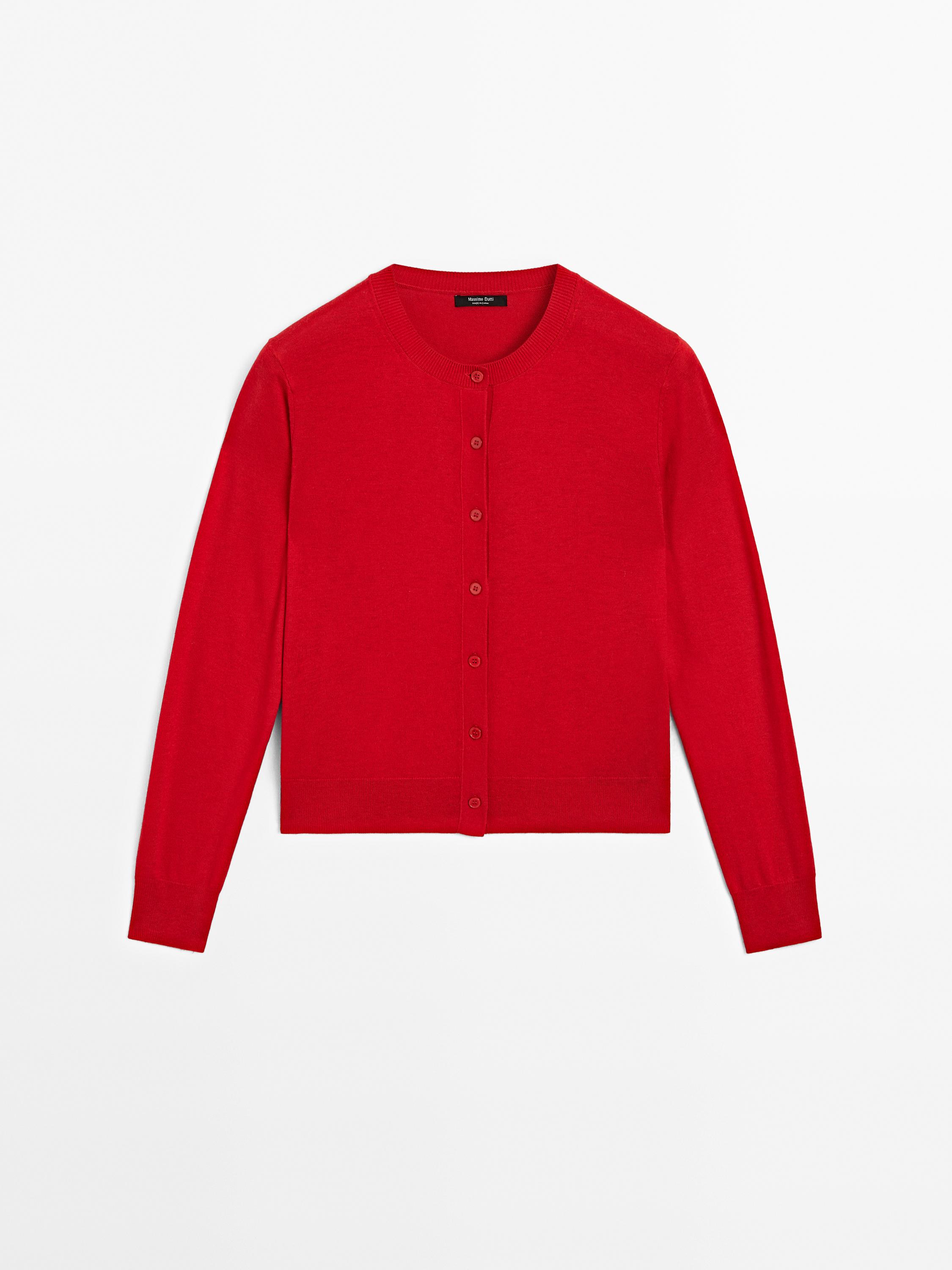 Wool blend knit cardigan with crew neck