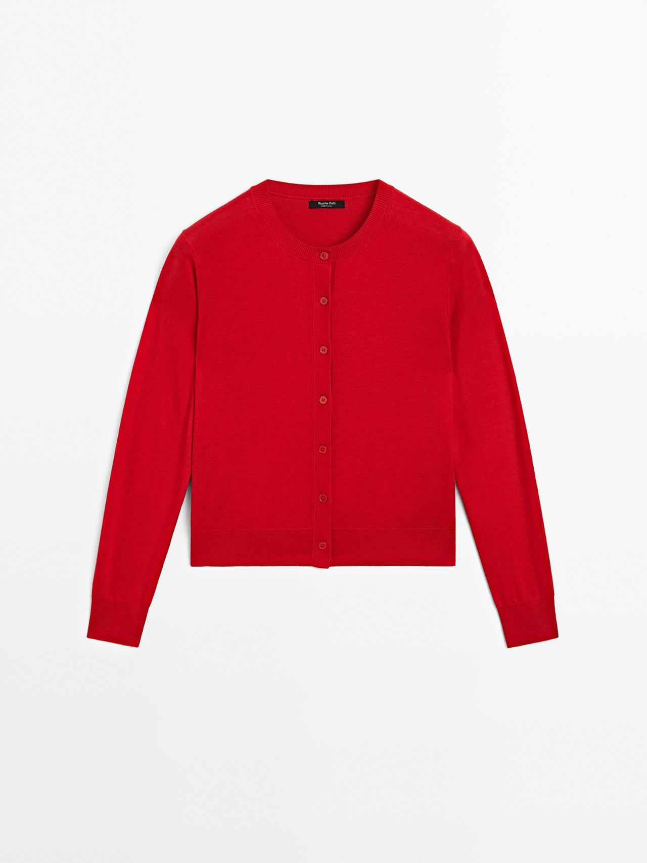 Massimo Dutti - Dame - Strikket Cardigan I Uldblanding Med Rund Hals - Rød - L