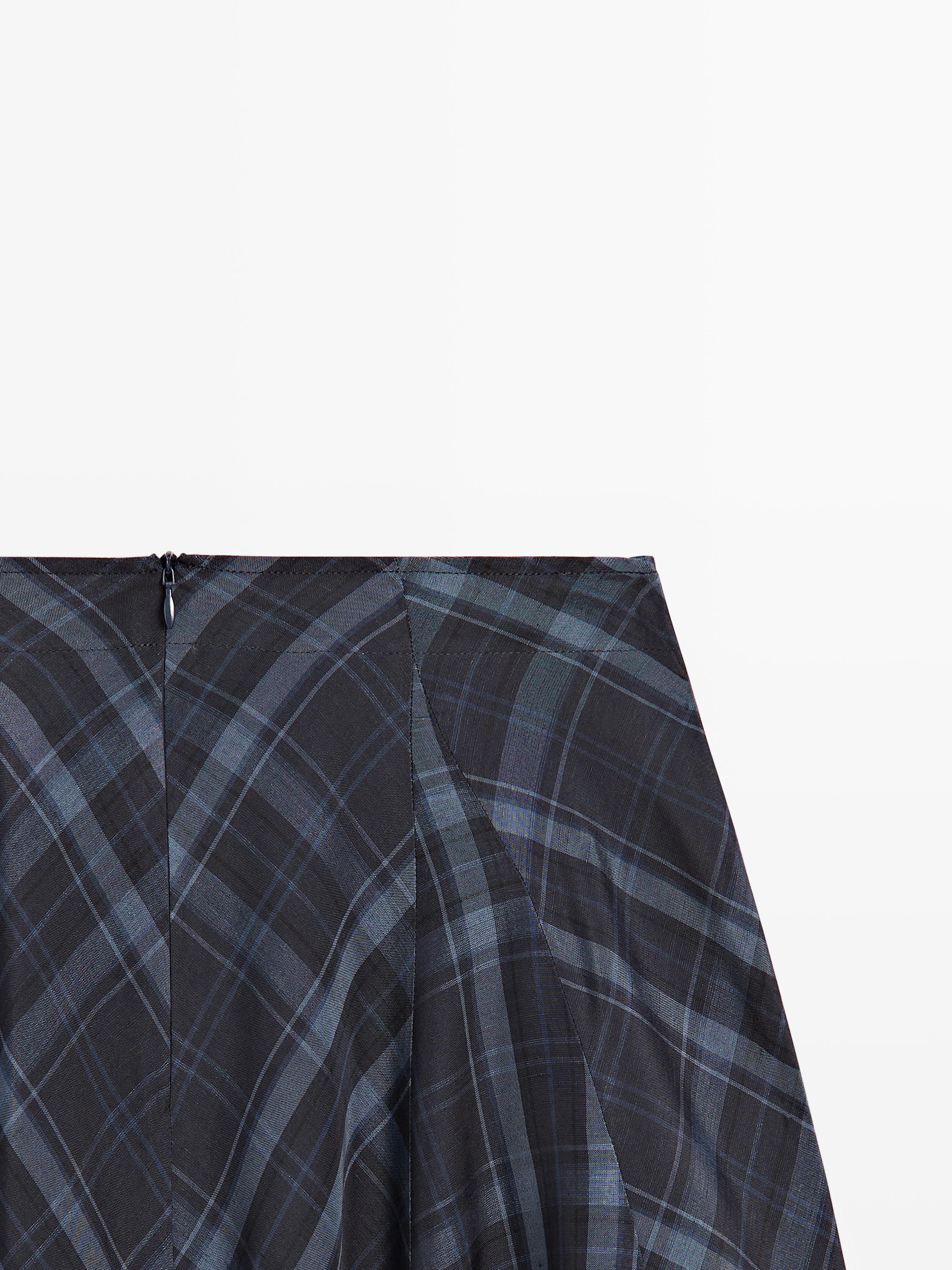 Check print flowing godet skirt — BLUE