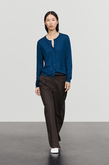 Fine-knit round neck cardigan — DEEP BLUE 1