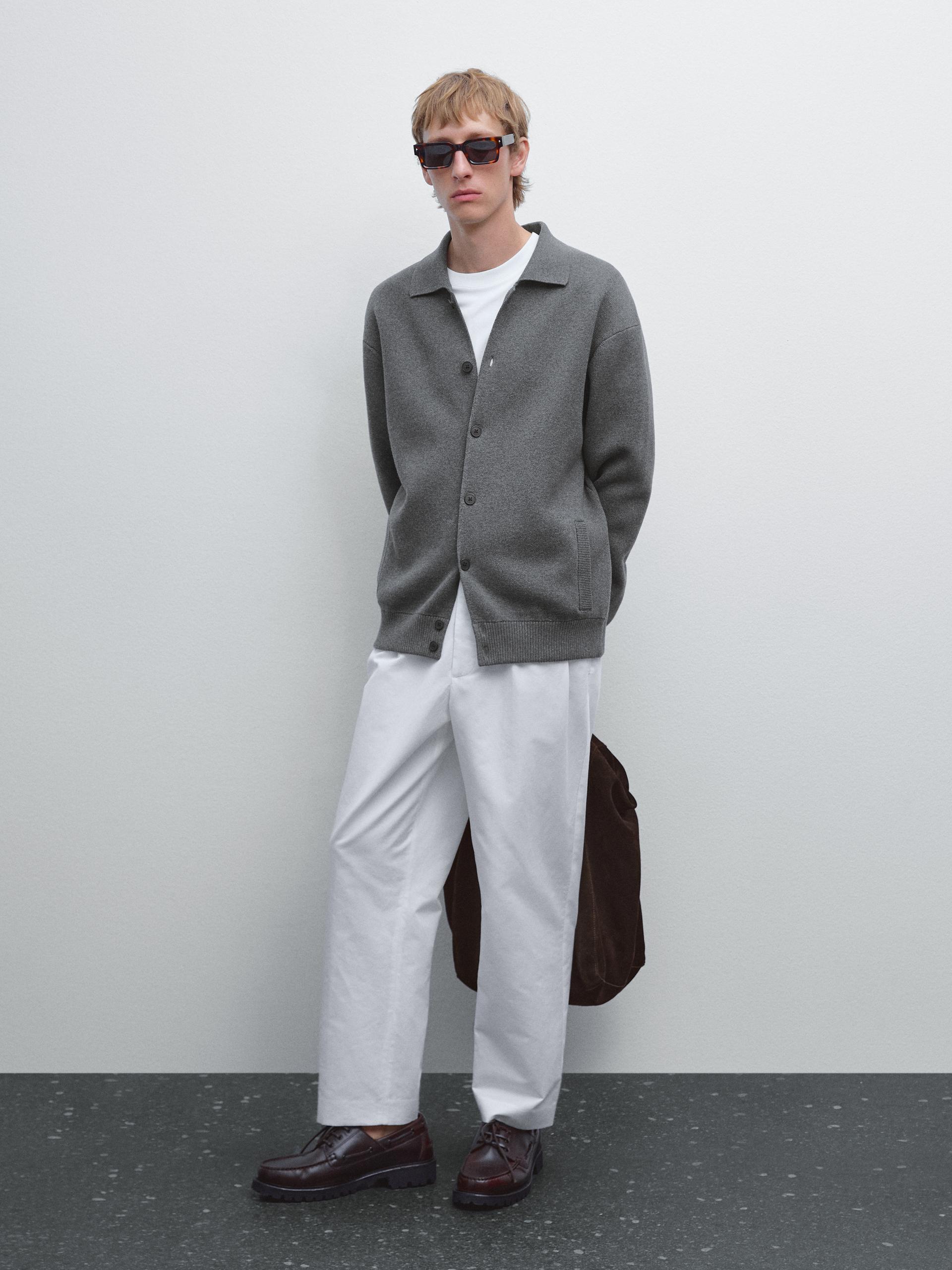 Cardigan De Malha 100% Algodão - Cinza Médio - L - Massimo Dutti - Homem