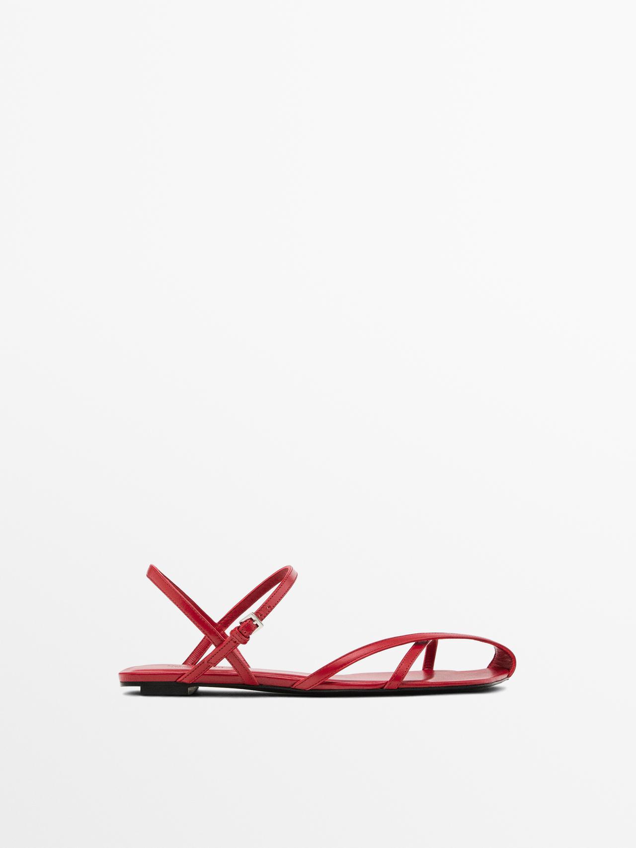 Skórzane Sandały Na Płaskiej Podeszwie − Limited Edition - Czerwony - 39 - Massimo Dutti - Kobieta