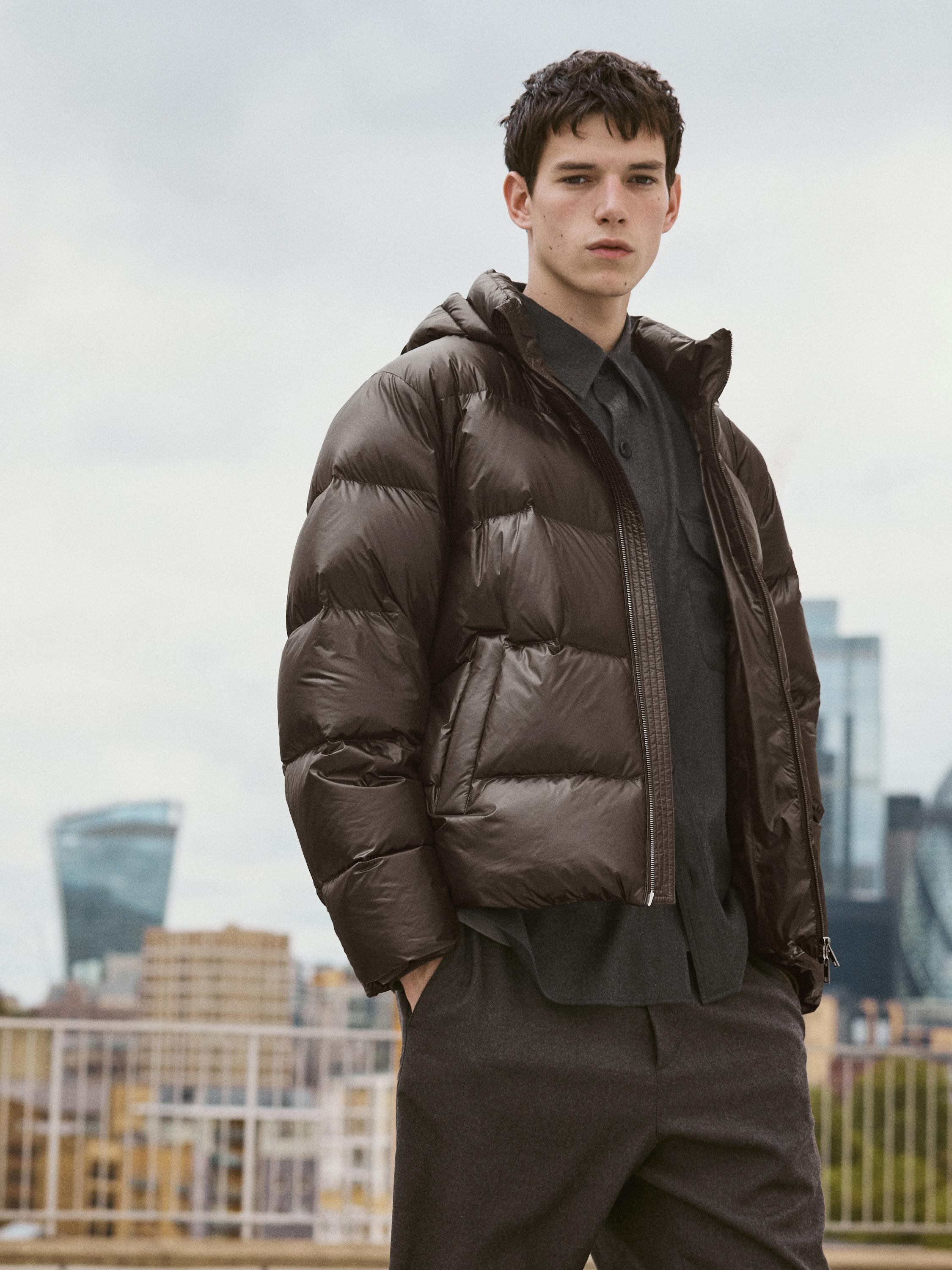Water-repellent satin puffer jacket