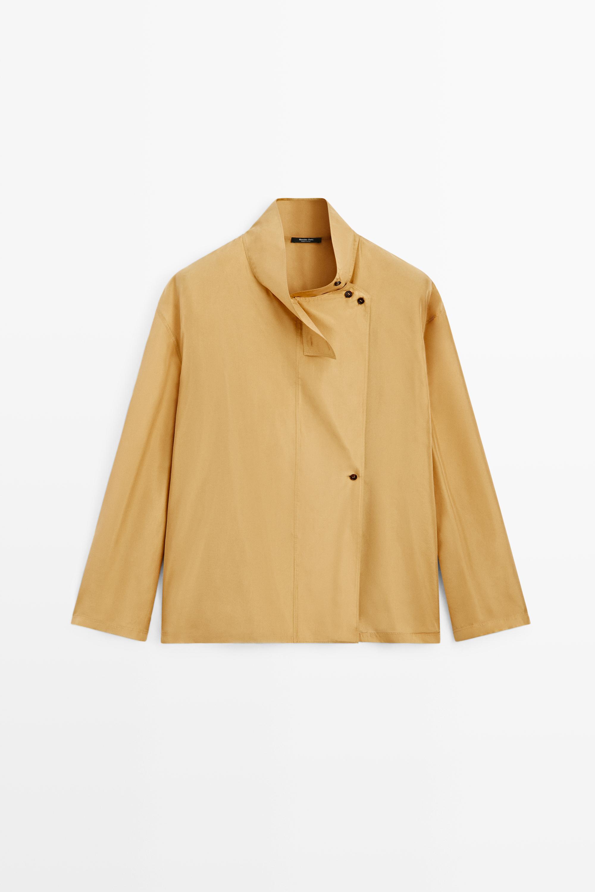 100% silk crossover mock neck shirt — MUSTARD YELLOW