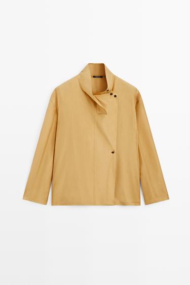 100% silk crossover mock neck shirt — MUSTARD YELLOW 2