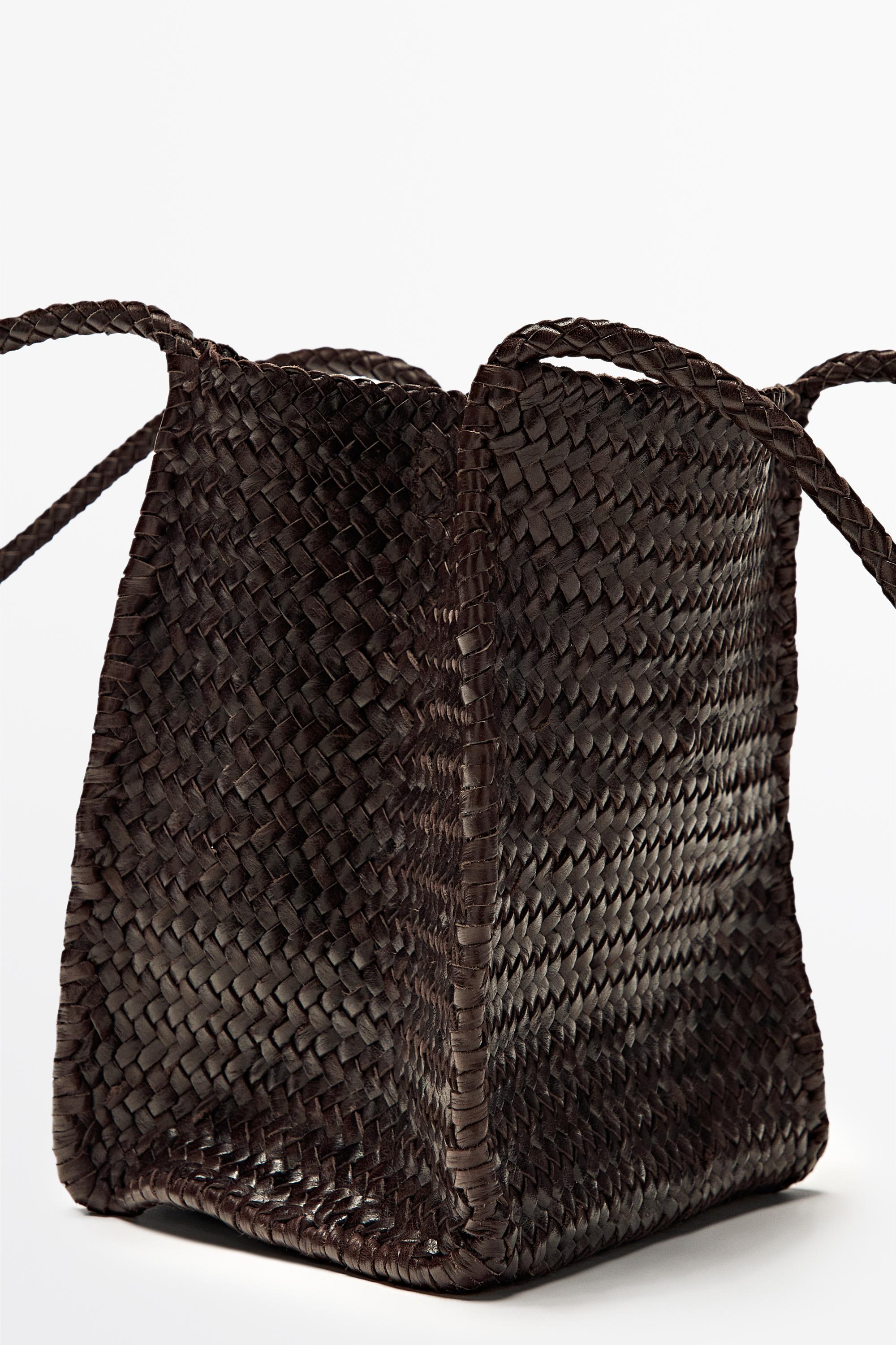 Nappa leather woven bucket bag — BROWN