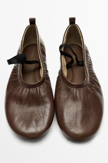 Ruched leather ballet flats — BROWN 5