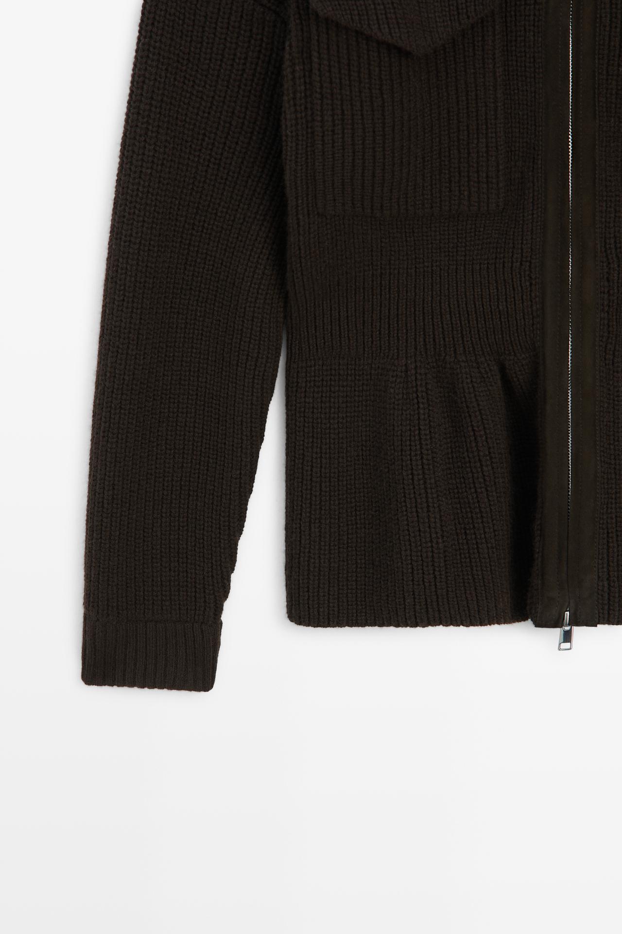 Mixed-Knit Suede Pocket Cardigan — BROWN