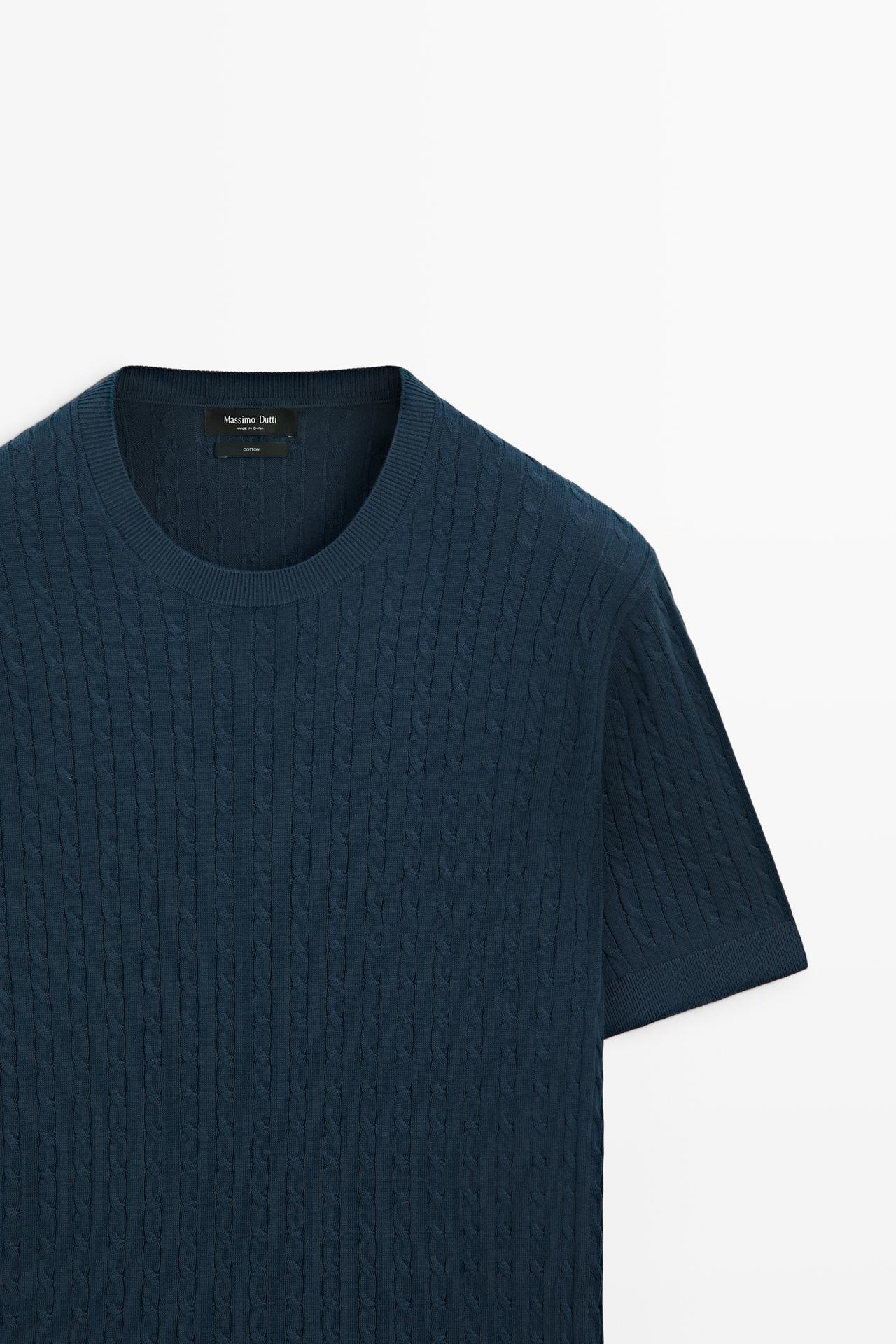 Cable-knit short sleeve sweater — DARK BLUE