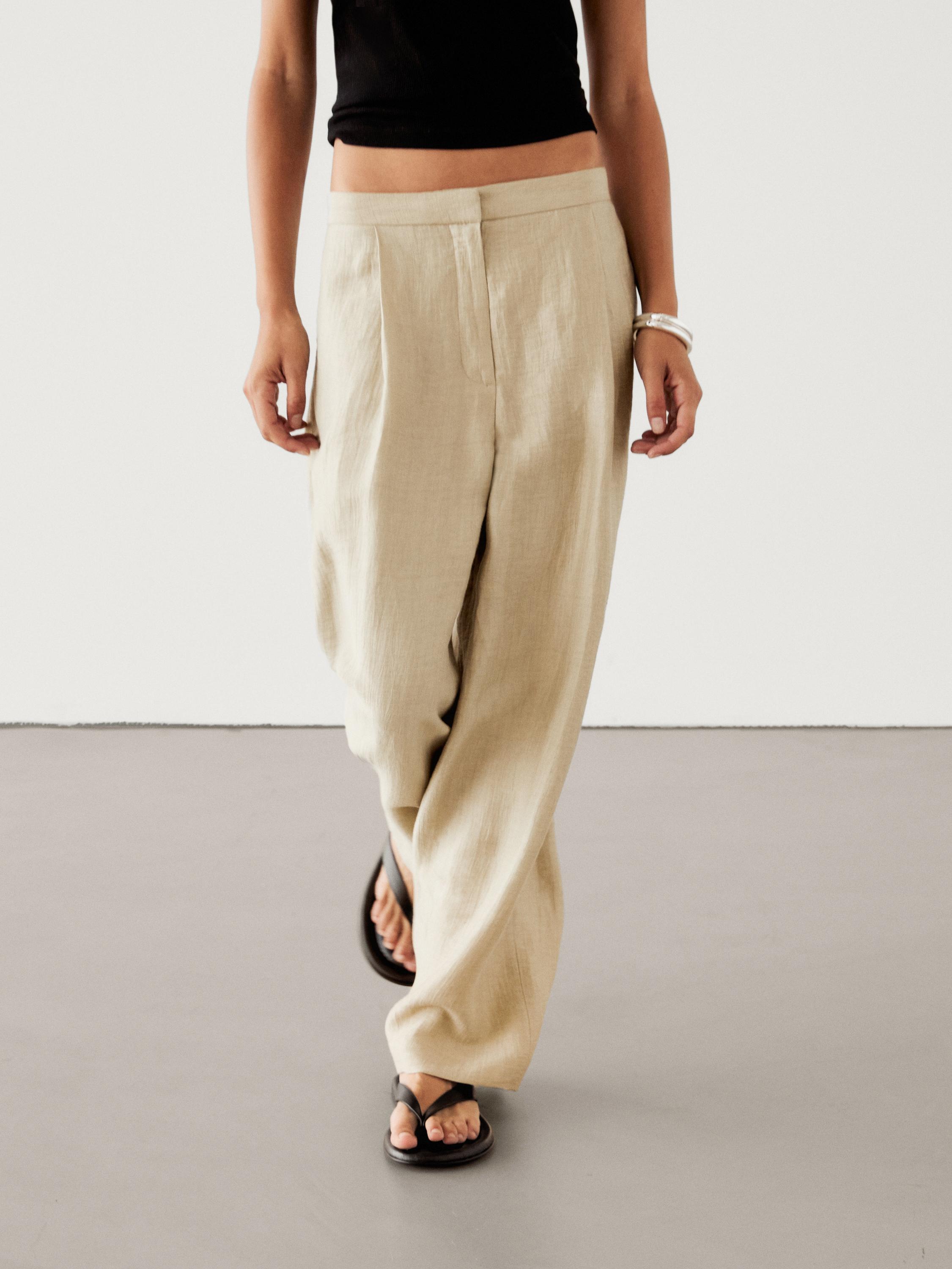 Cream linen wide leg trousers hotsell