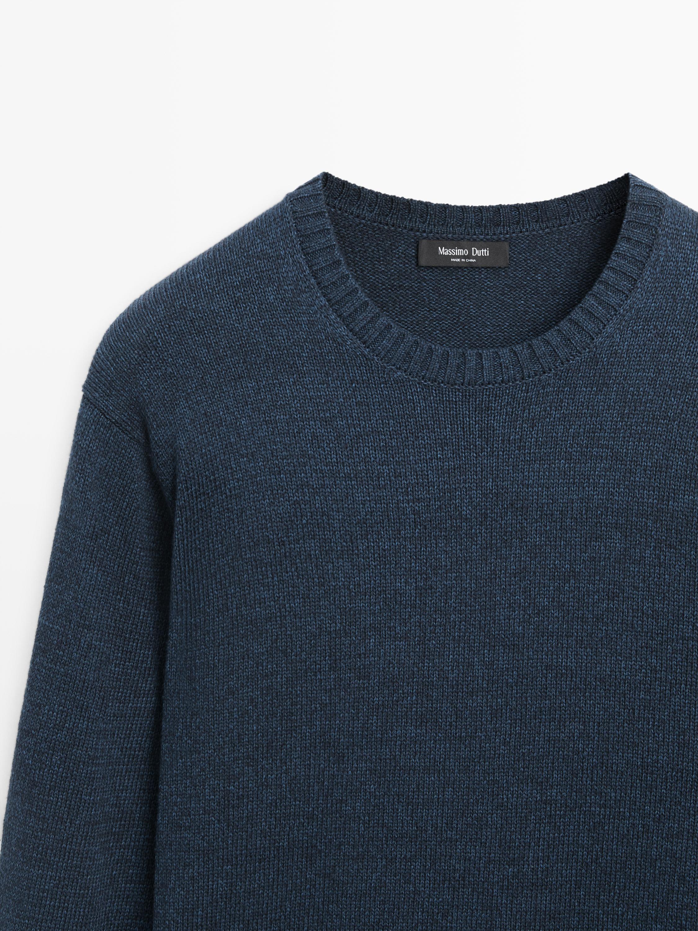 Denim-effect crew neck knit sweater — NAVY BLUE