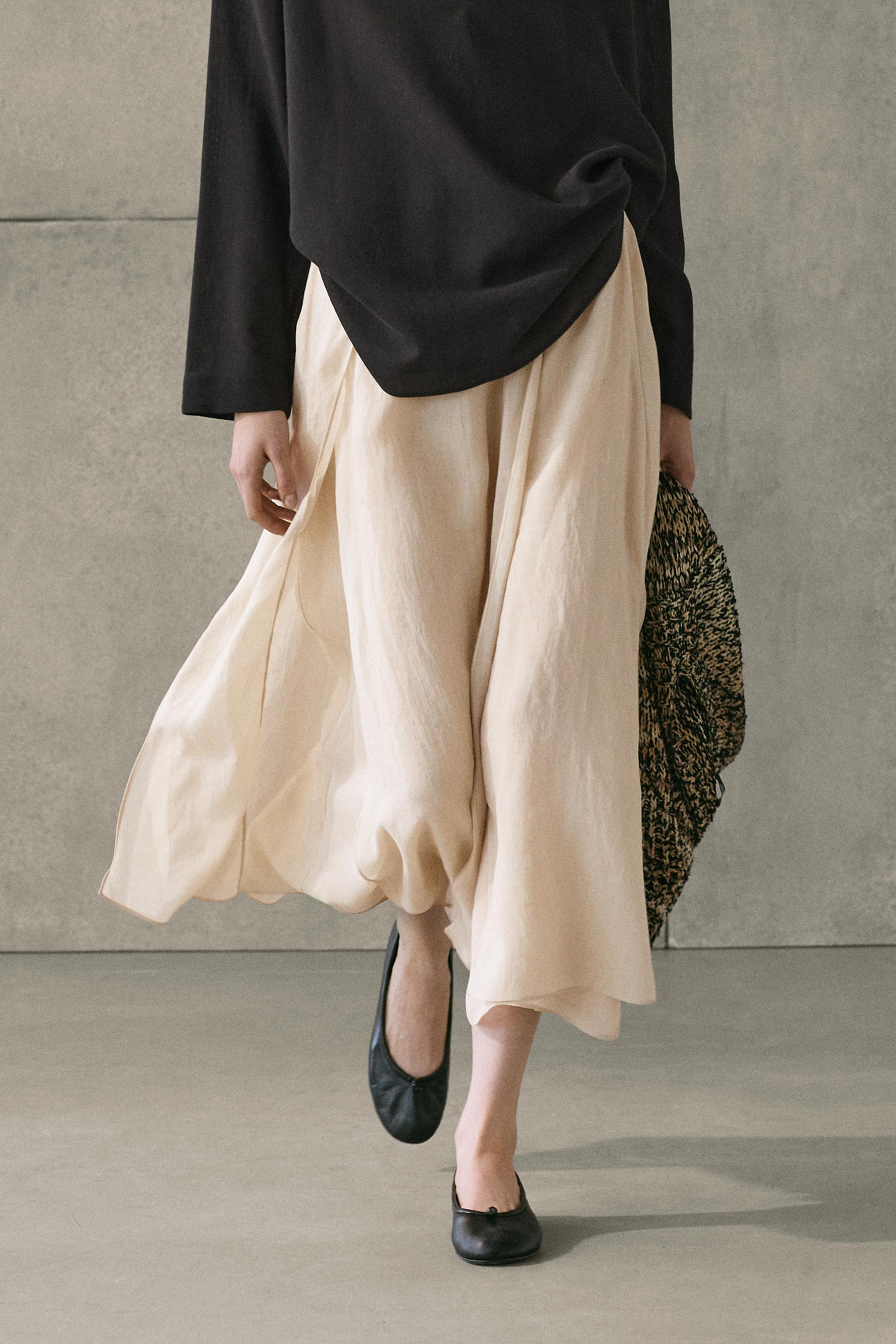 Flowing ramie blend midi skirt — CREAM