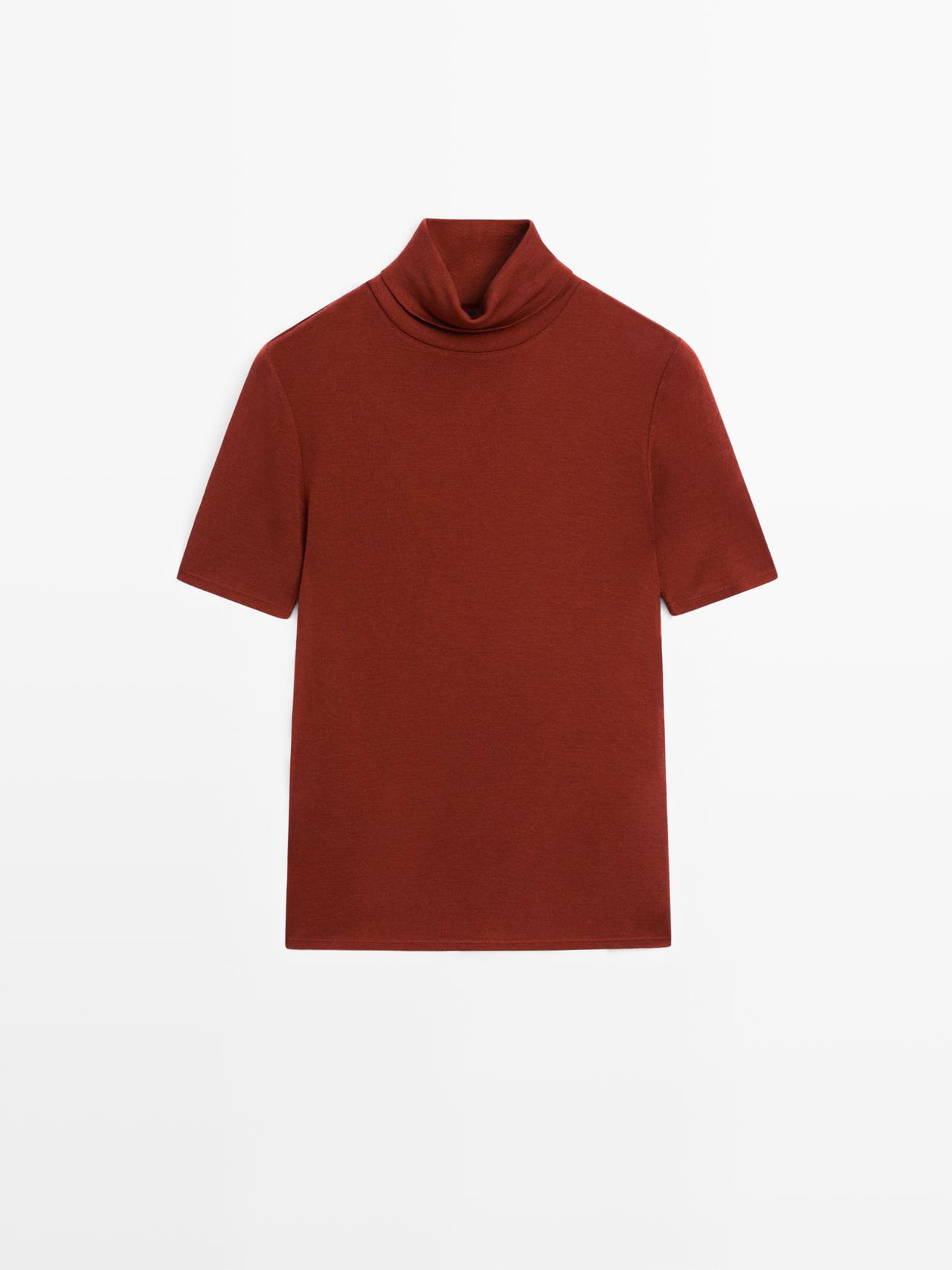 Massimo Dutti - Dame - T-Shirt Med Høj Hals Og Korte Ærmer - Mørkerød - S