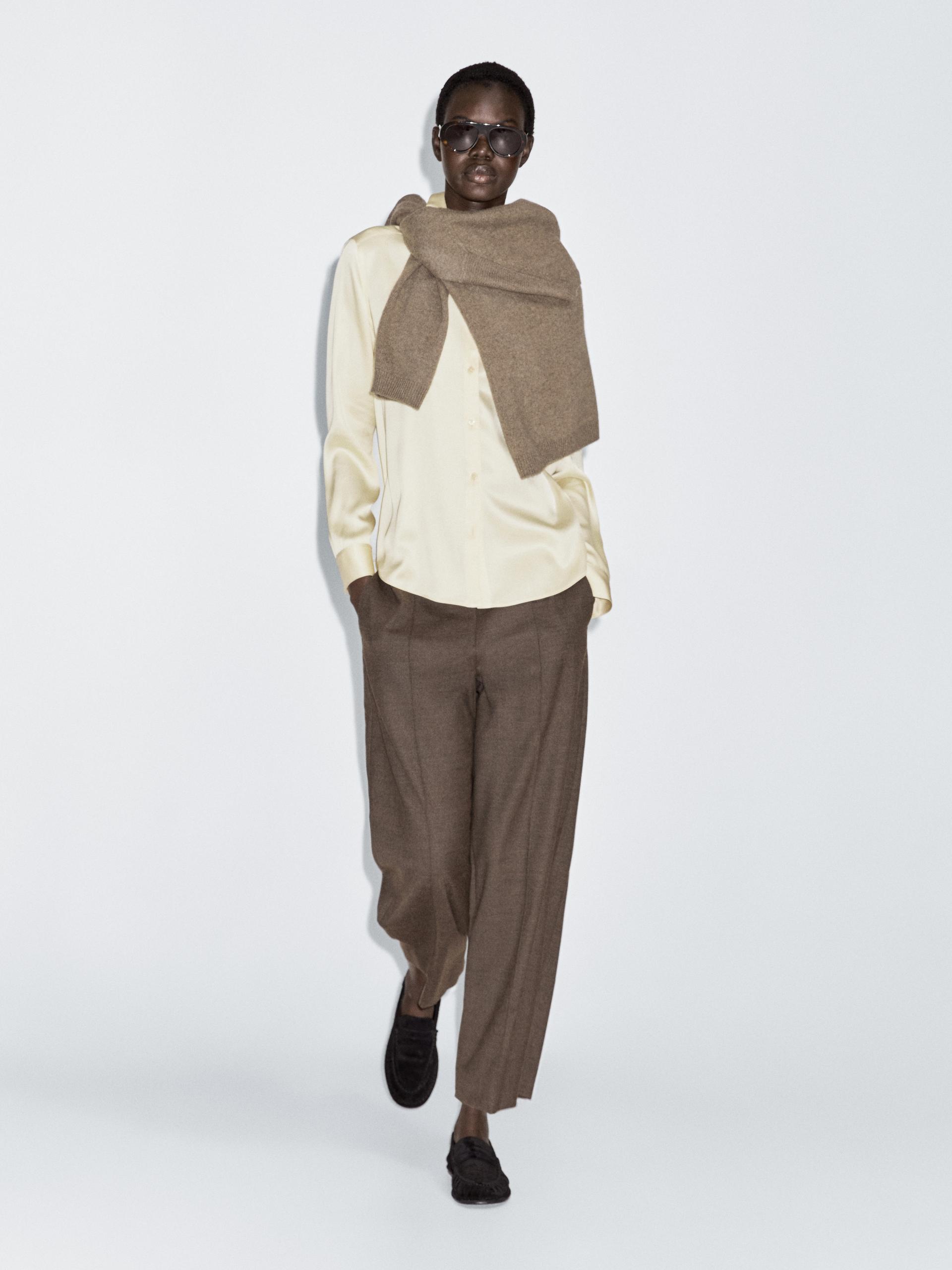 Pantalón Con Lana Barrel Fit - Marrón Topo - 42 - Massimo Dutti - Mujer