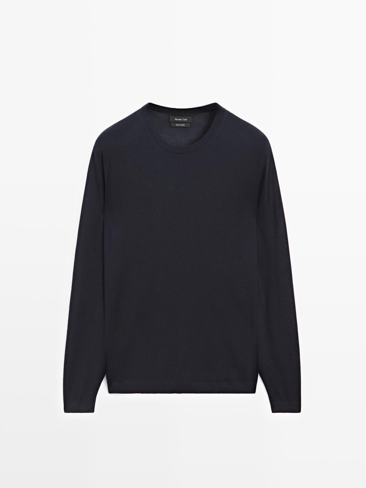 Massimo Dutti - Herre - Striktrøje I 100% Kashmir Med Rund Hals - Marineblå - Xl