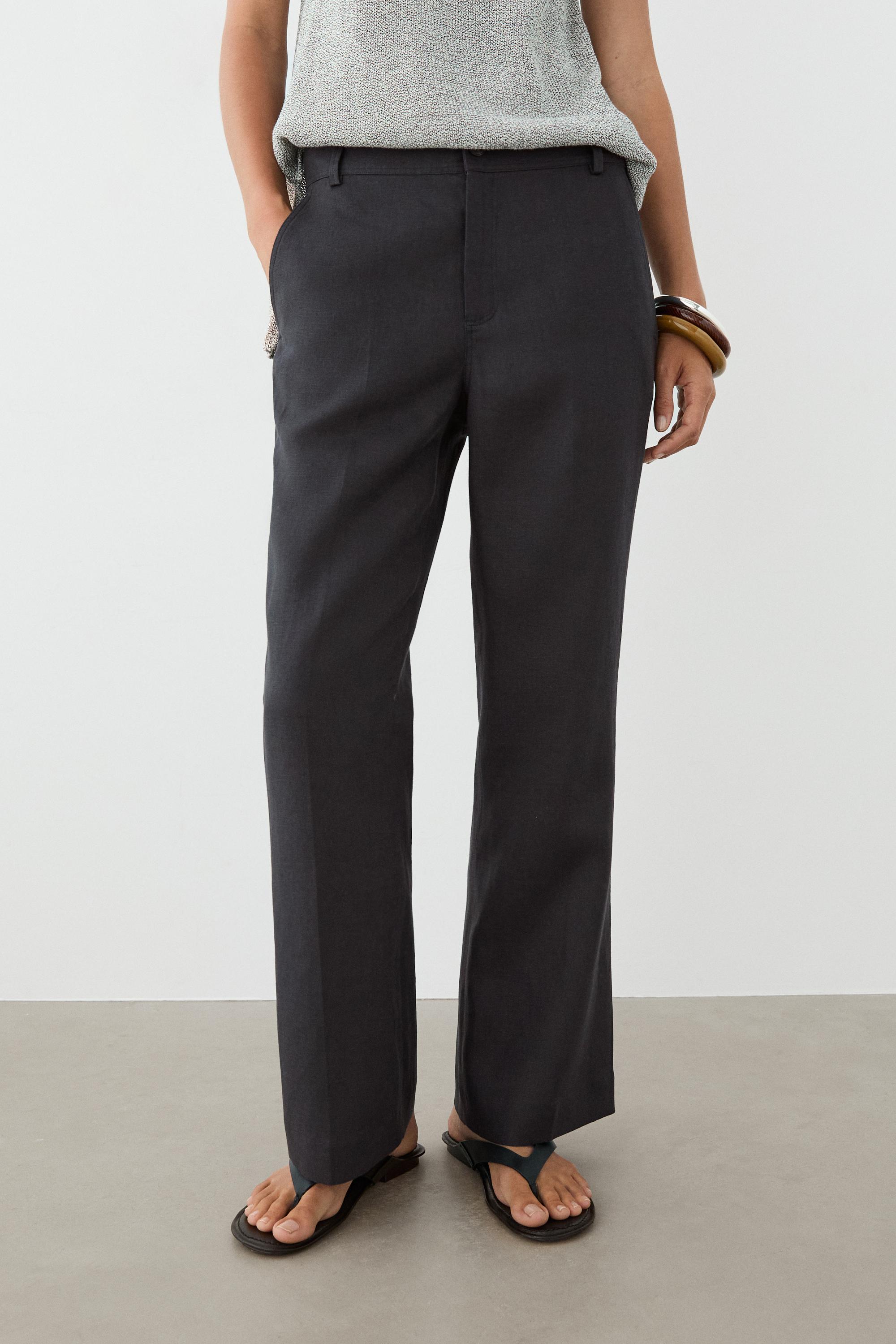 Kick flare cropped linen trousers — NAVY BLUE