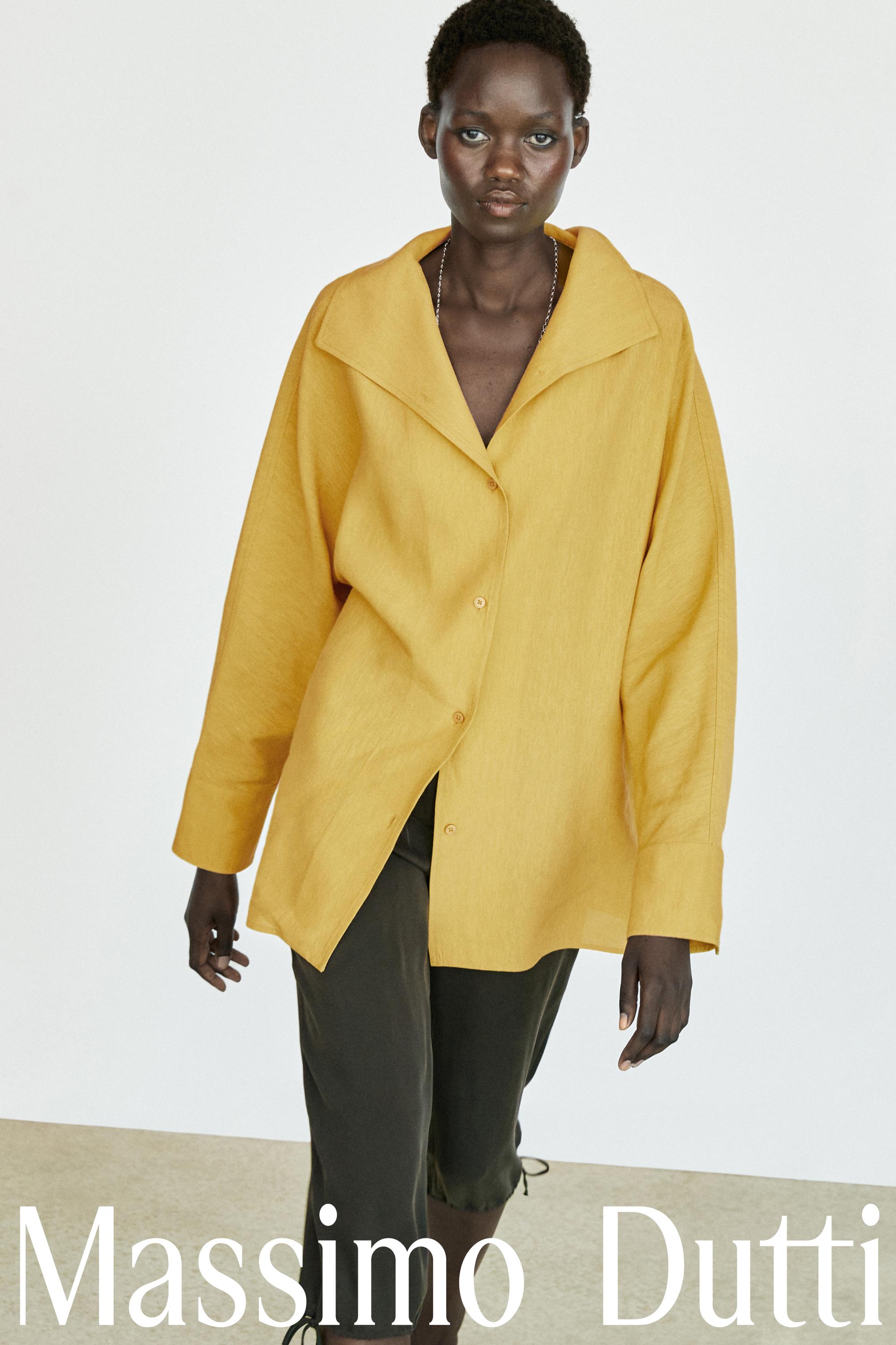 Flowing linen blend shirt with statement collar — MUSTARD YELLOW