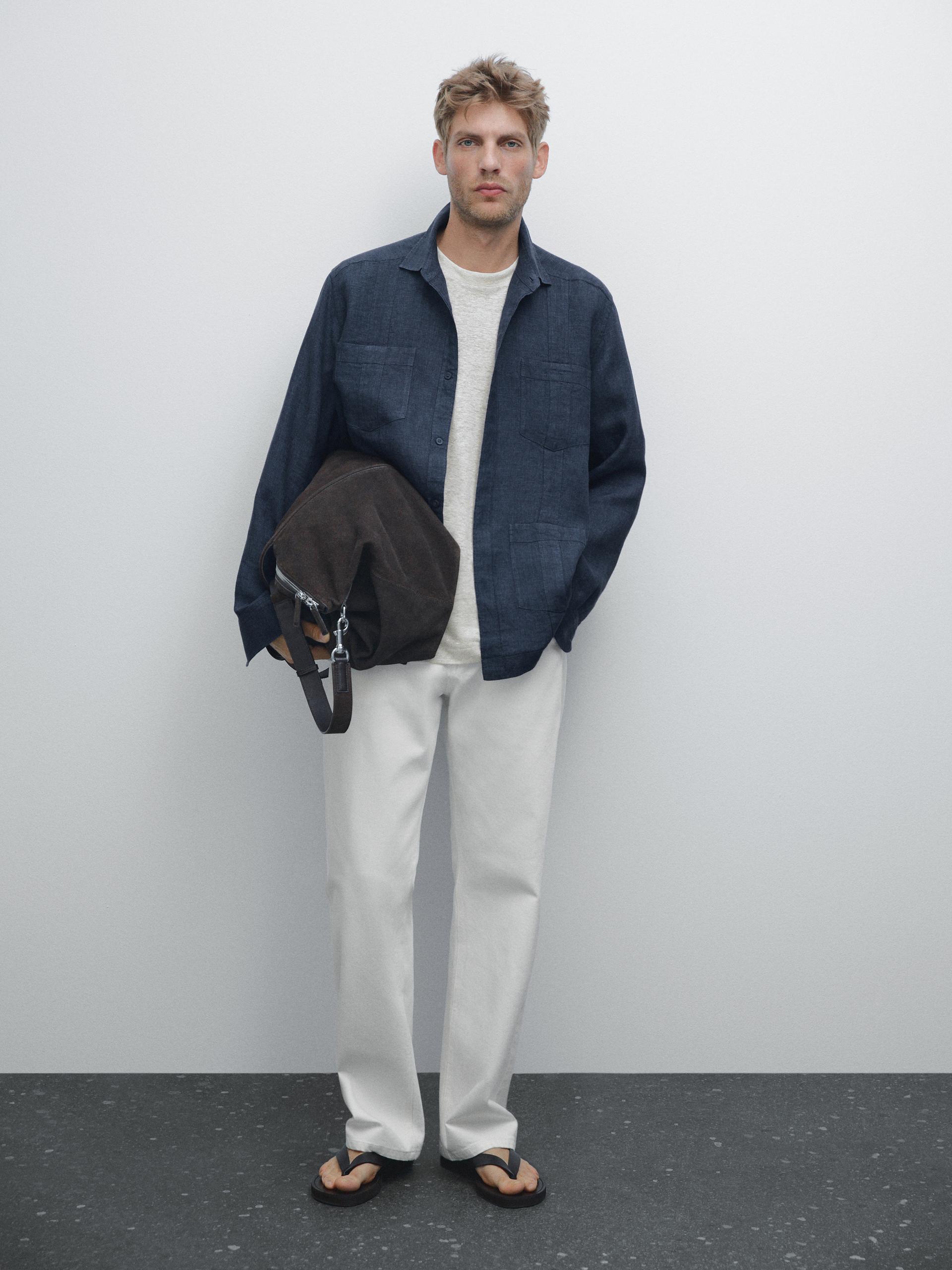 Chemise Plis Nervurés 100 % Lin - Bleu - L - Massimo Dutti - Homme