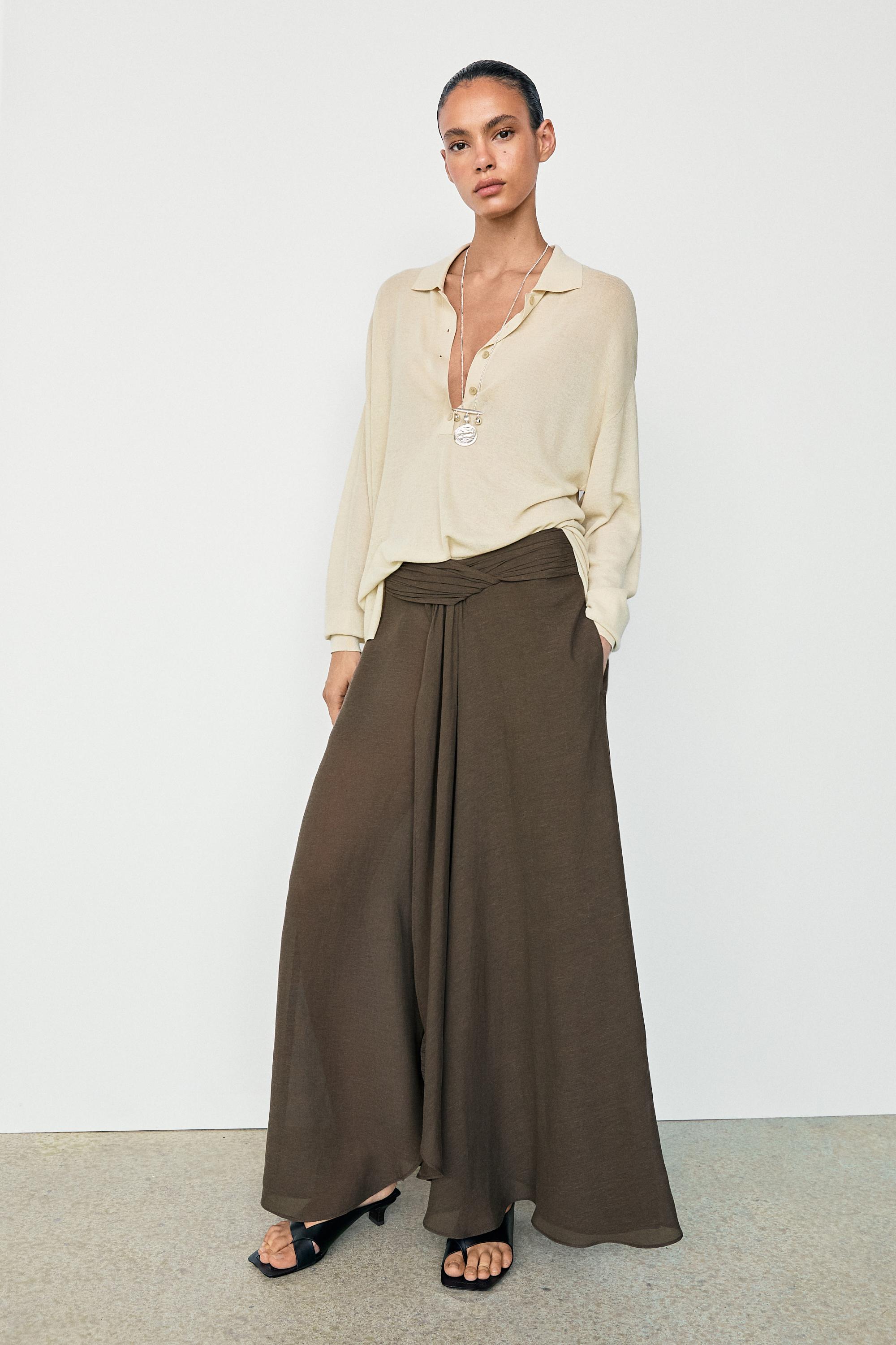 Semi-sheer linen blend skort — BROWN