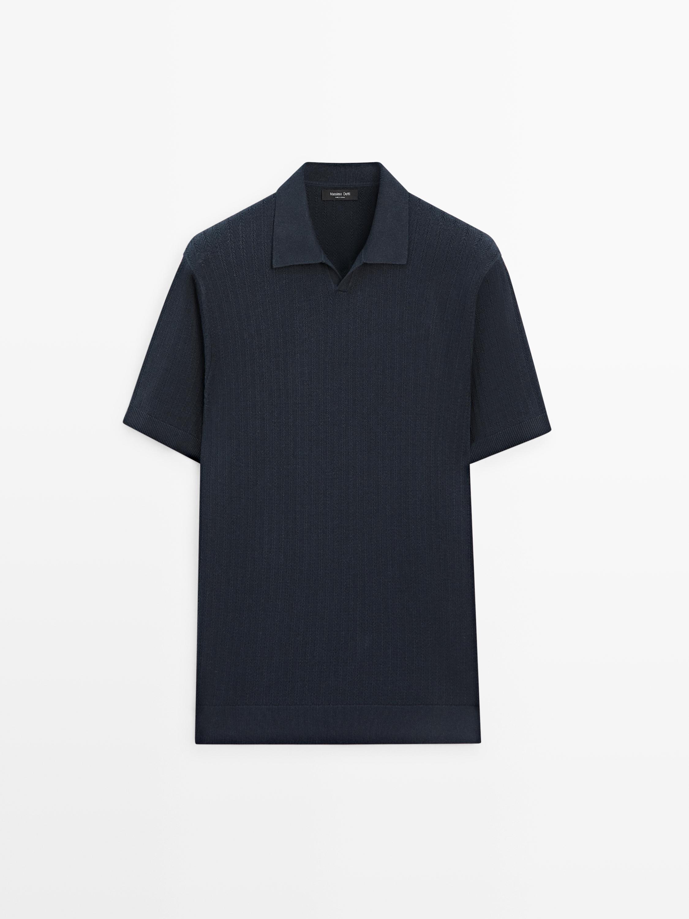 Knit polo sweater with cutwork detail — NAVY BLUE