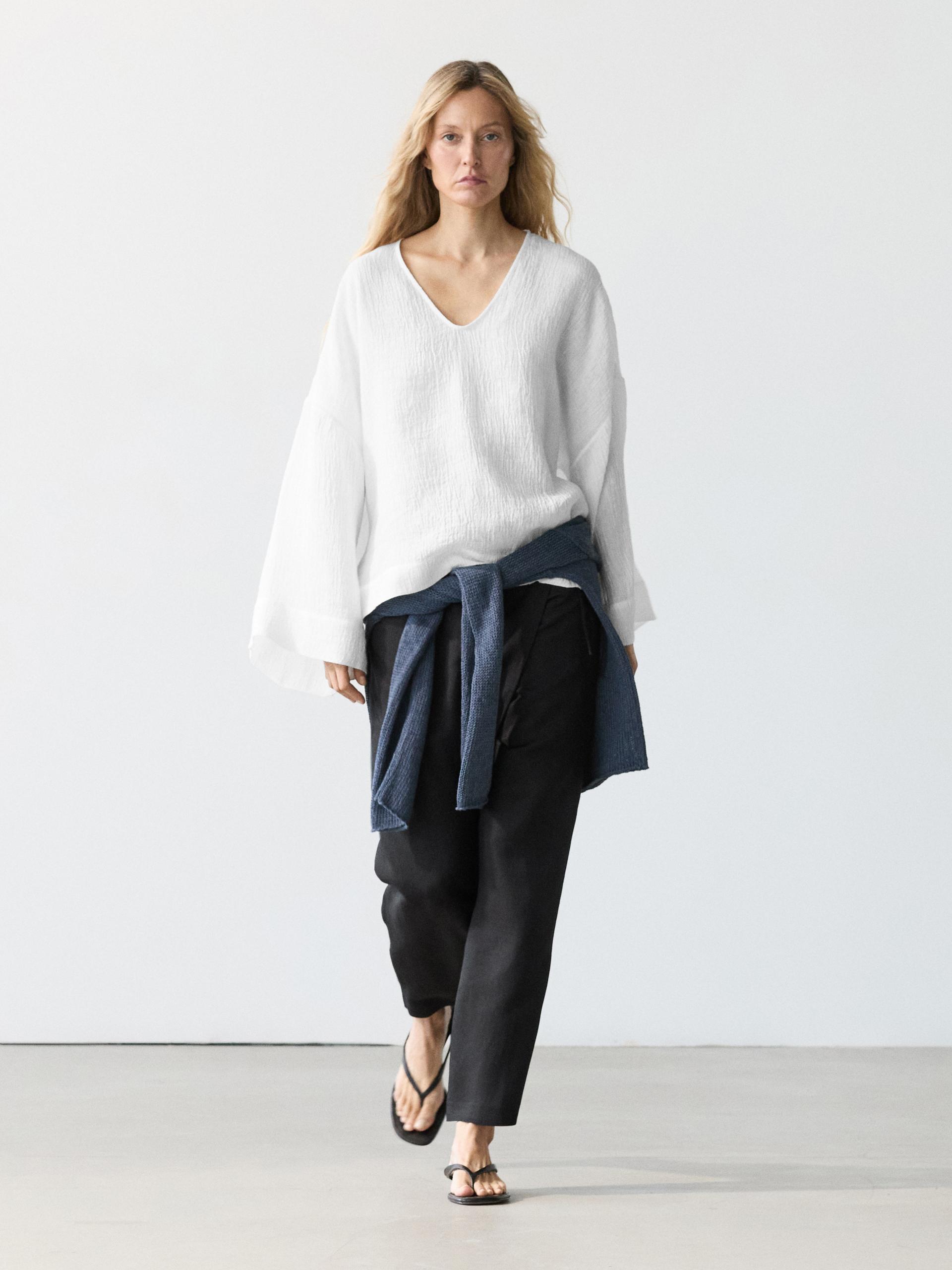 Blouse Fluide Gaufrée 100 % Lin - Blanc Cassé - M-L - Massimo Dutti - Femme