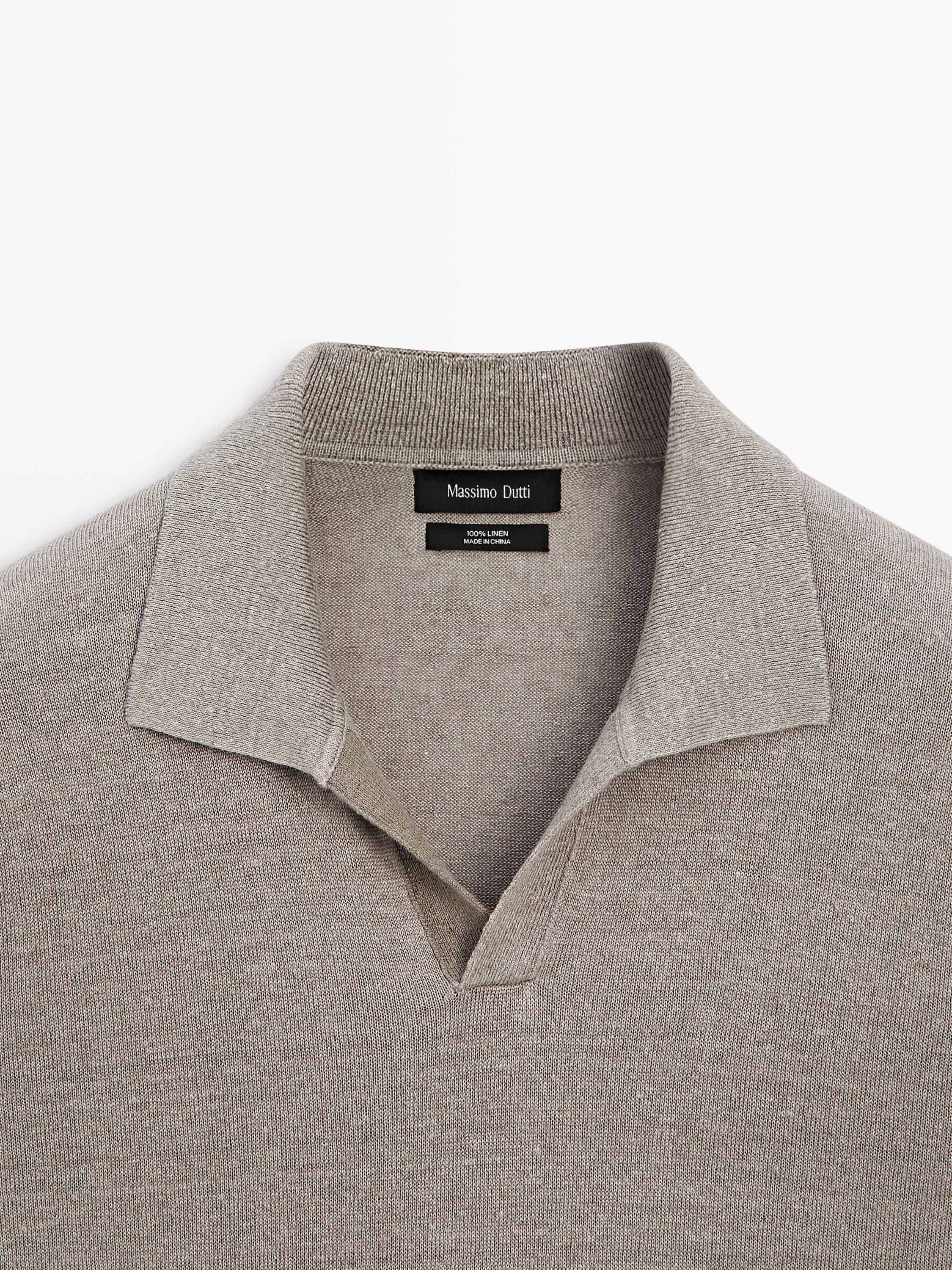 Linen V-neck polo sweater — NATURAL GREY