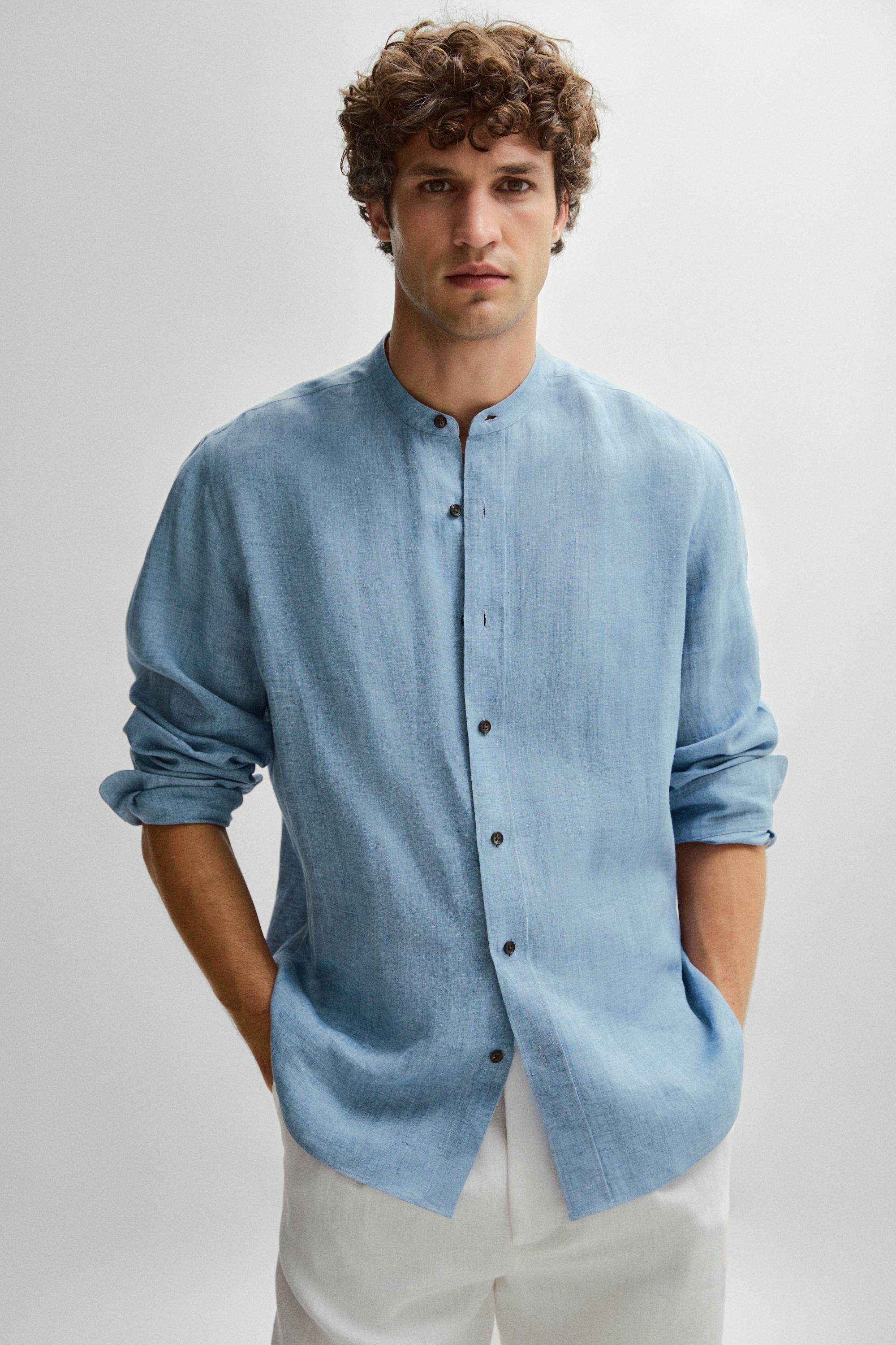 Regular fit contrast button 100% linen shirt — BLUE