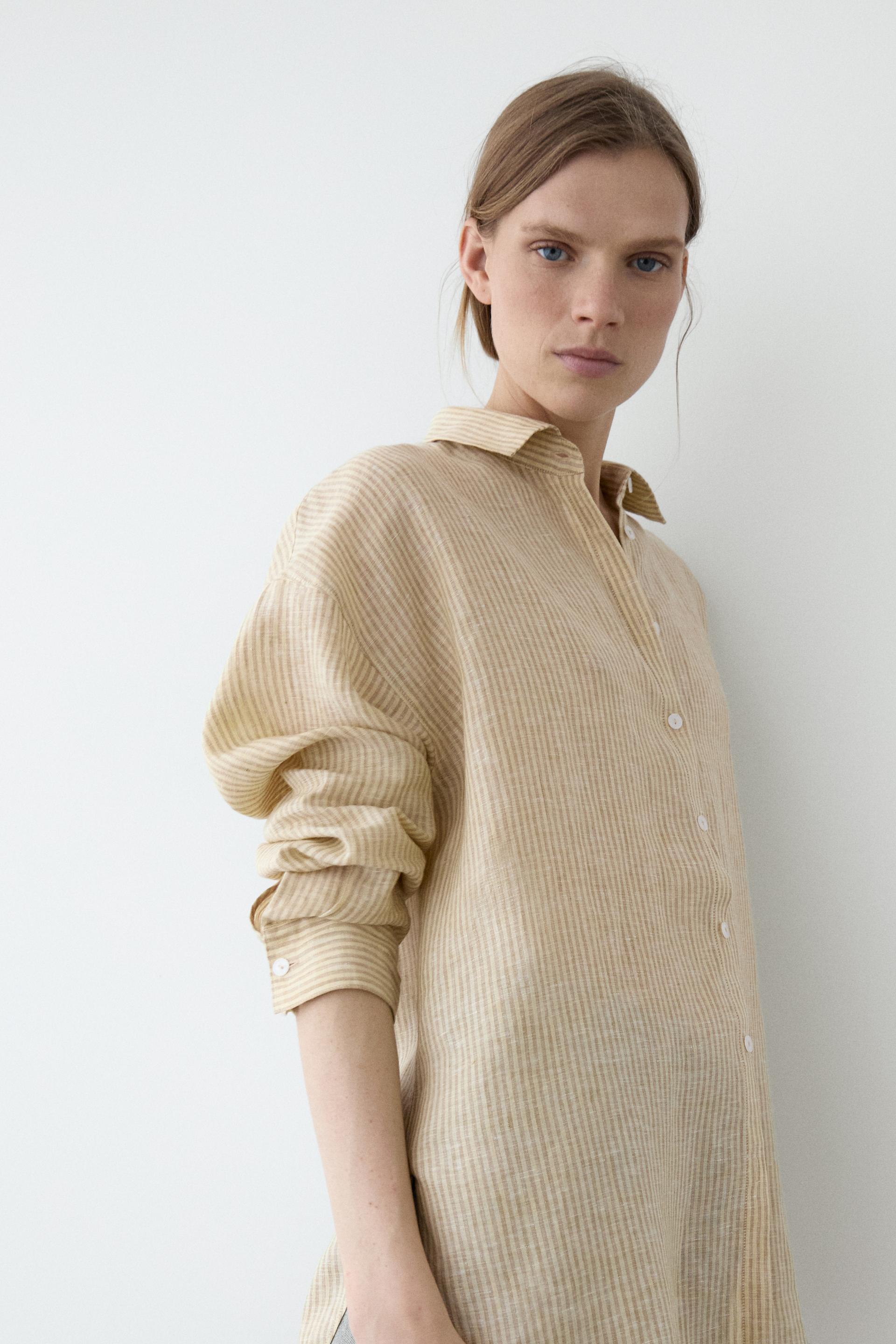 Chemise Rayée 100 % Lin - Jaune - L - Massimo Dutti - Femme