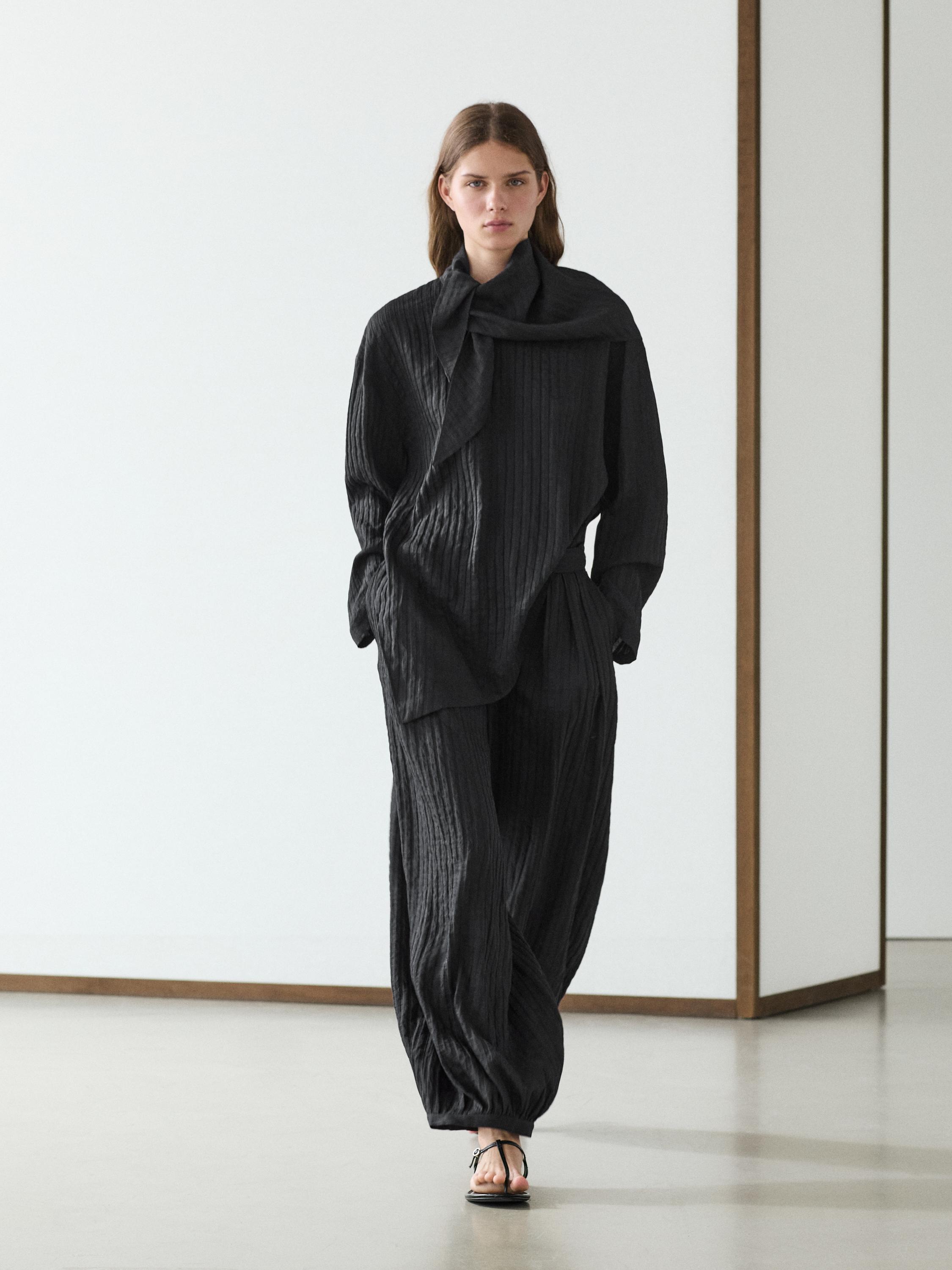 Striped flowing shirt with scarf detail — BLACK