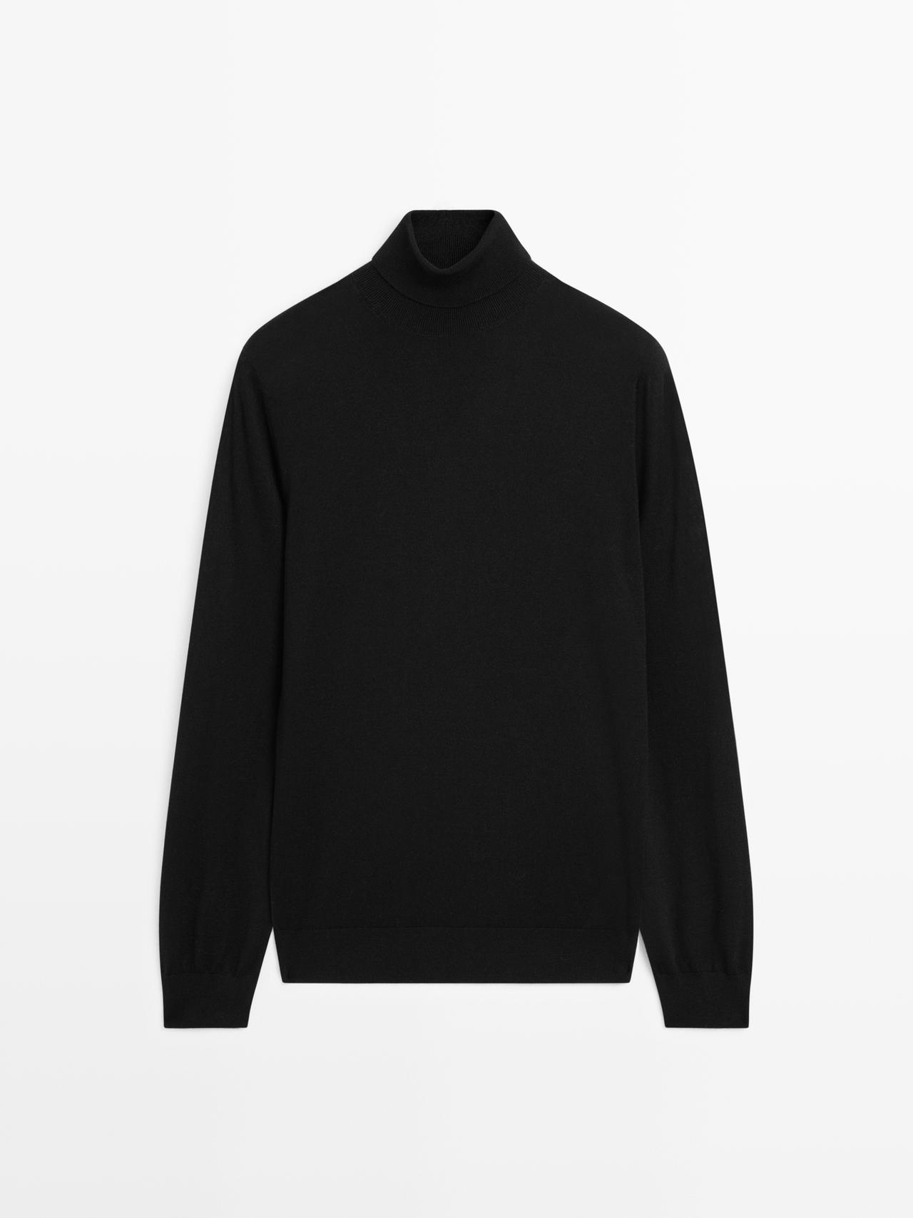 Massimo Dutti - Herre - Strikket Trøje I Uldblanding Med Høj Hals - Sort - S