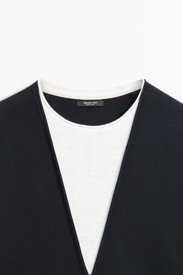 Cotton blend knit sweater with contrast fabric — NAVY BLUE 7