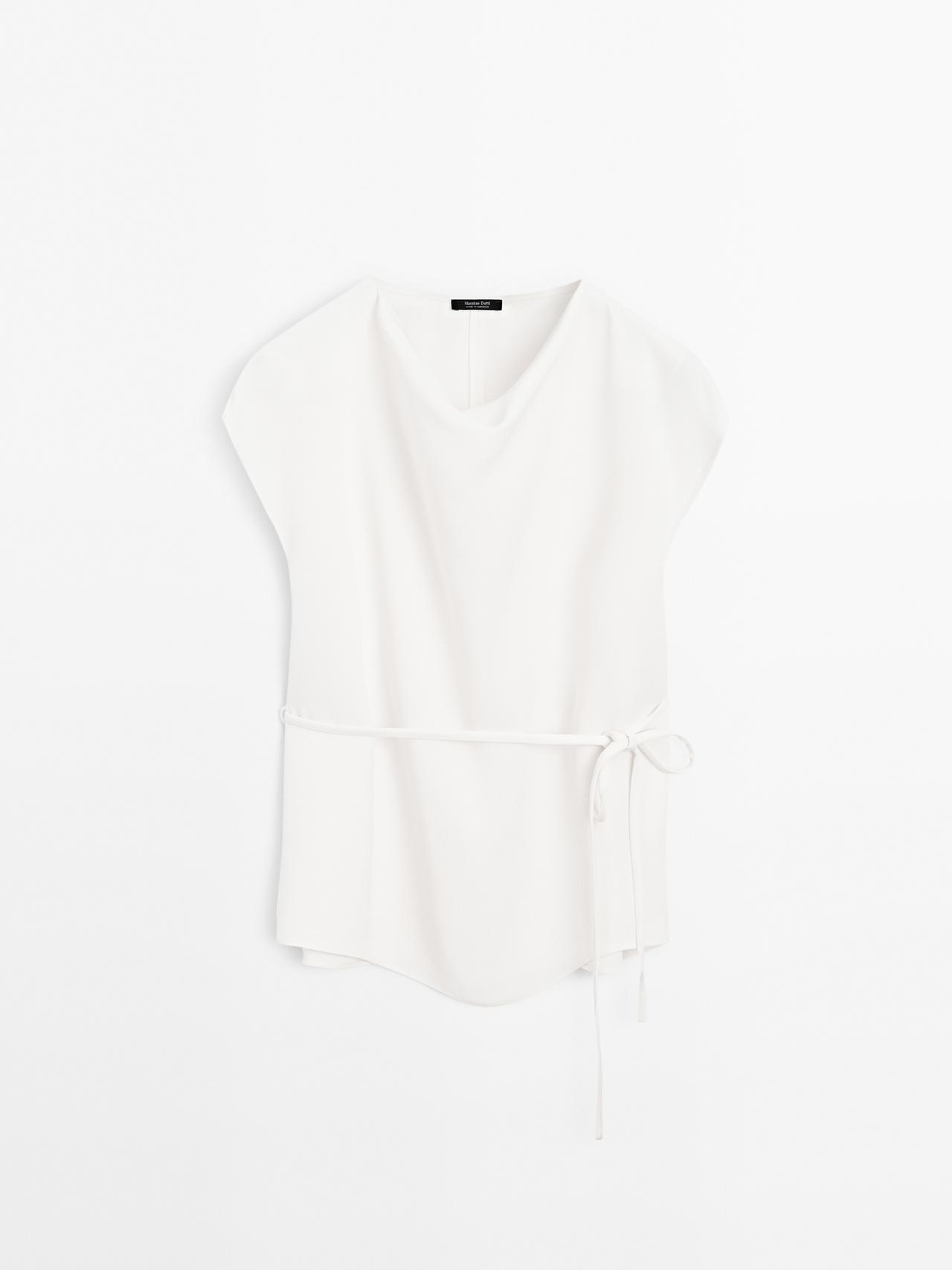 Massimo Dutti - Dames - Crêpe Top Met Gedrapeerde Halslijn - Ecru - Xs