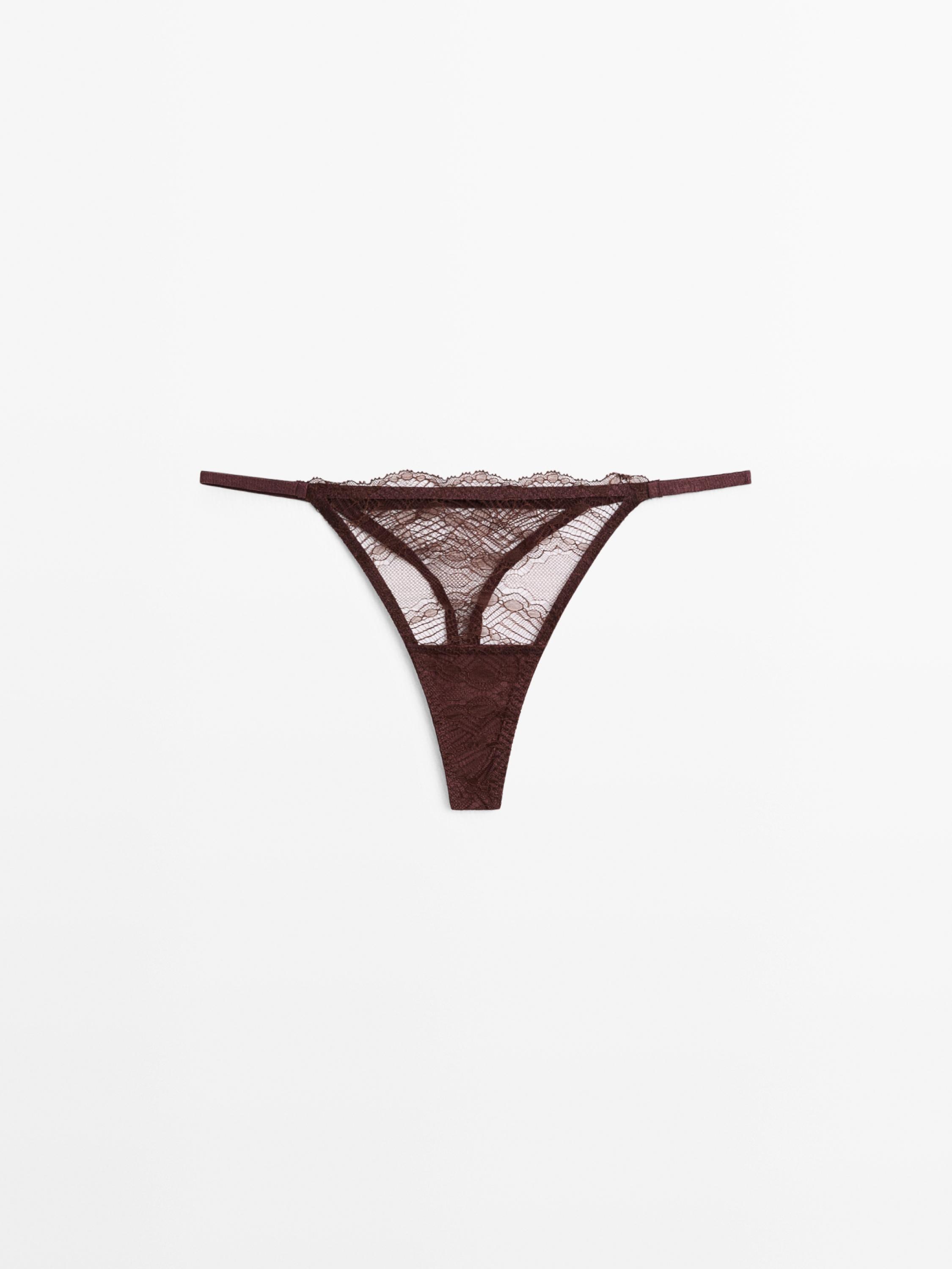 Scalloped lace thong — BROWN