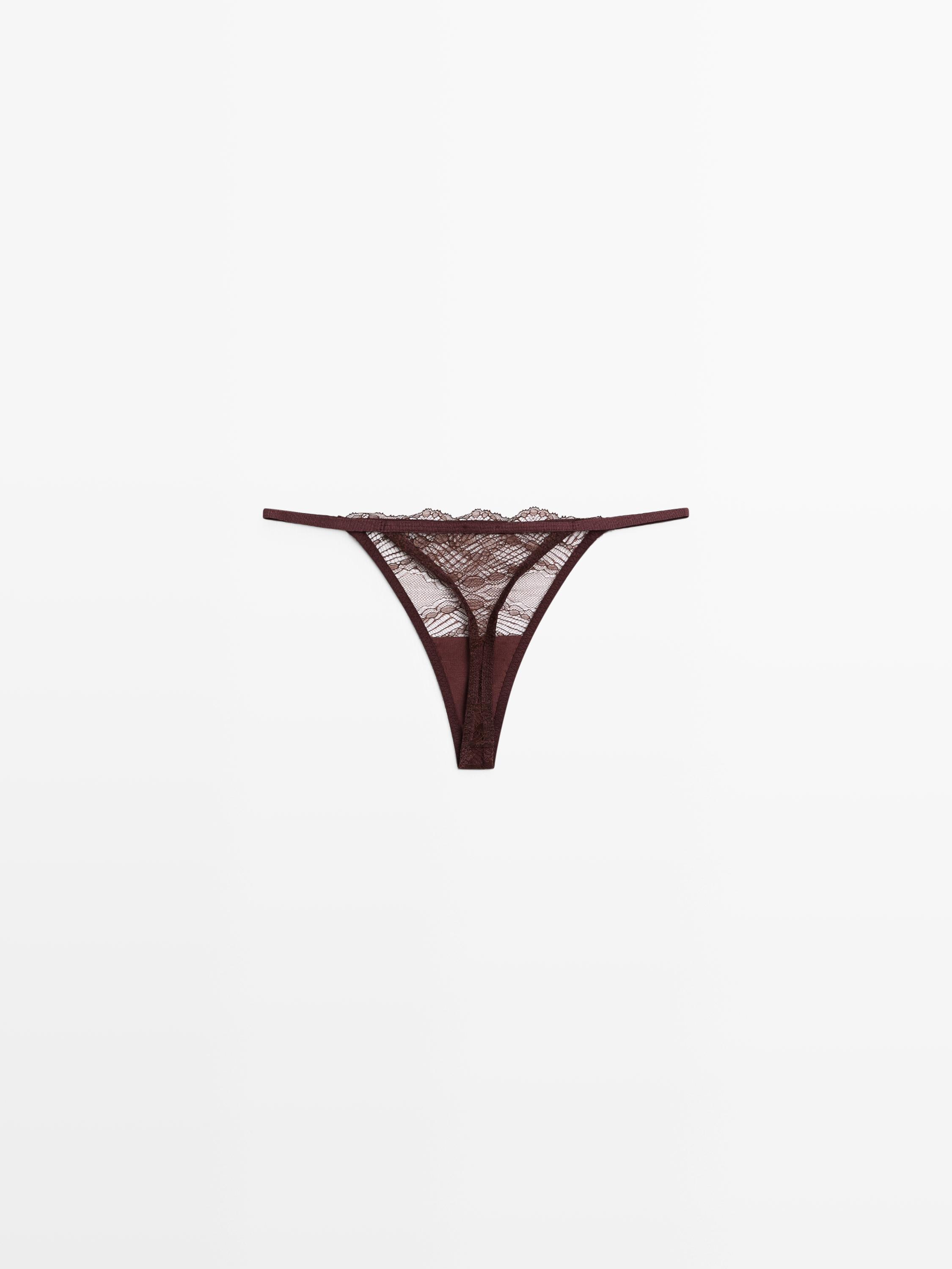 Scalloped lace thong — BROWN