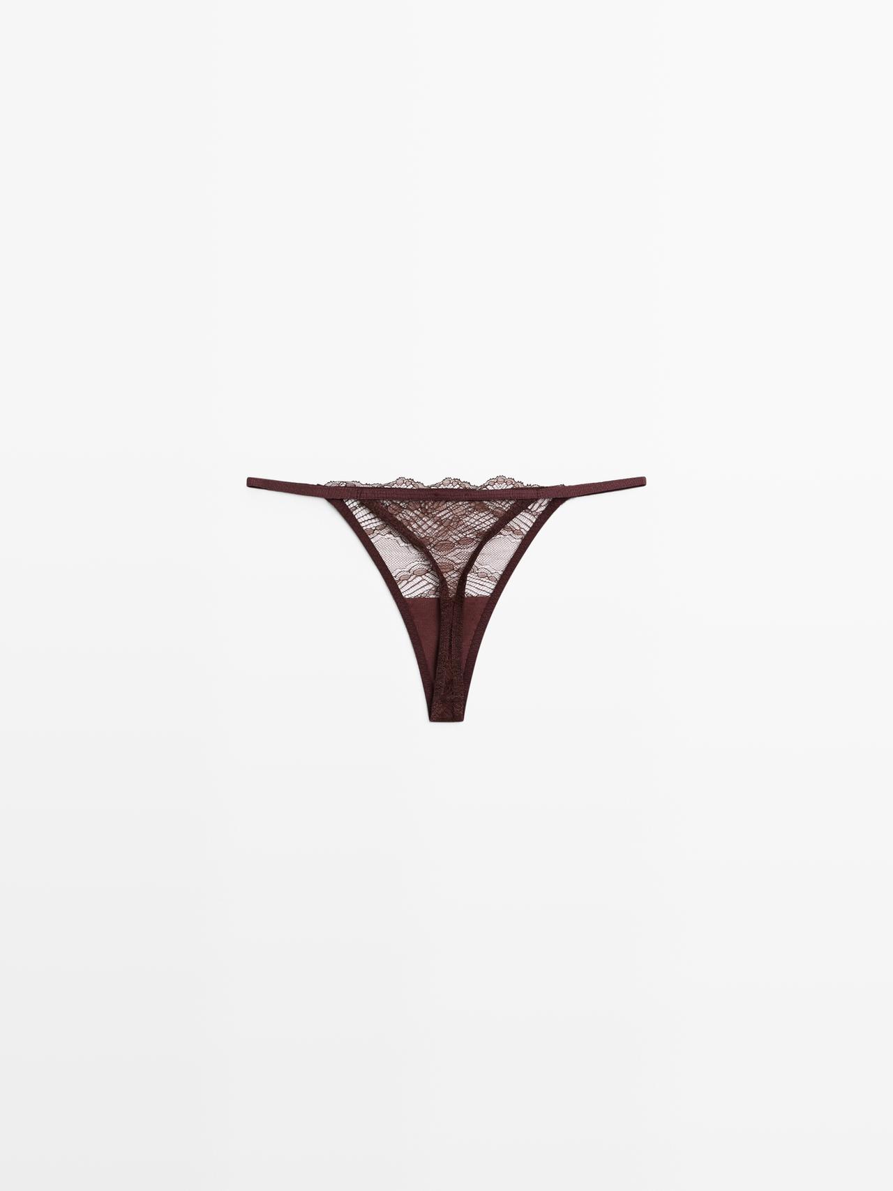 Scalloped lace thong — BROWN