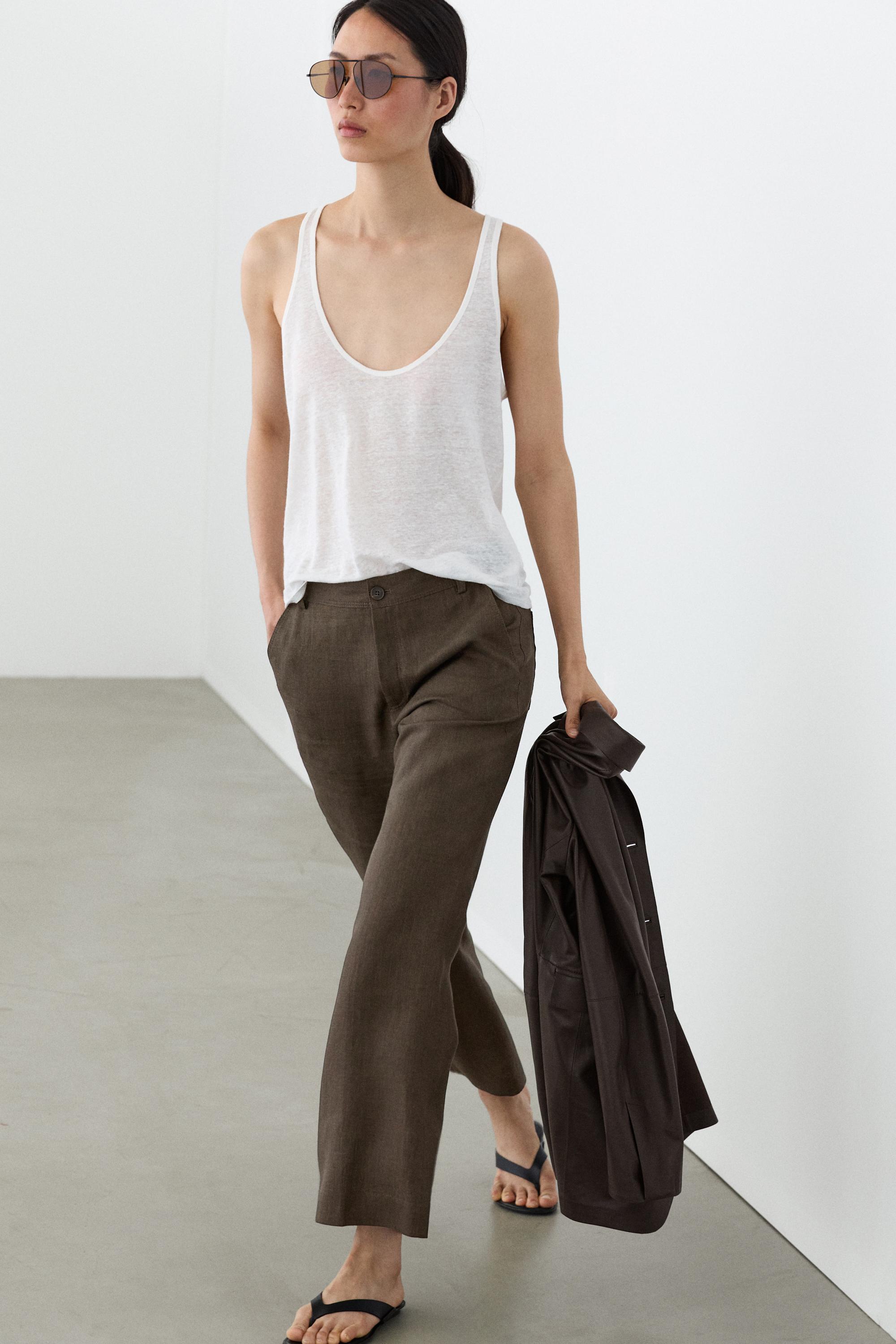 Kick flare cropped linen trousers — GREEN MARL
