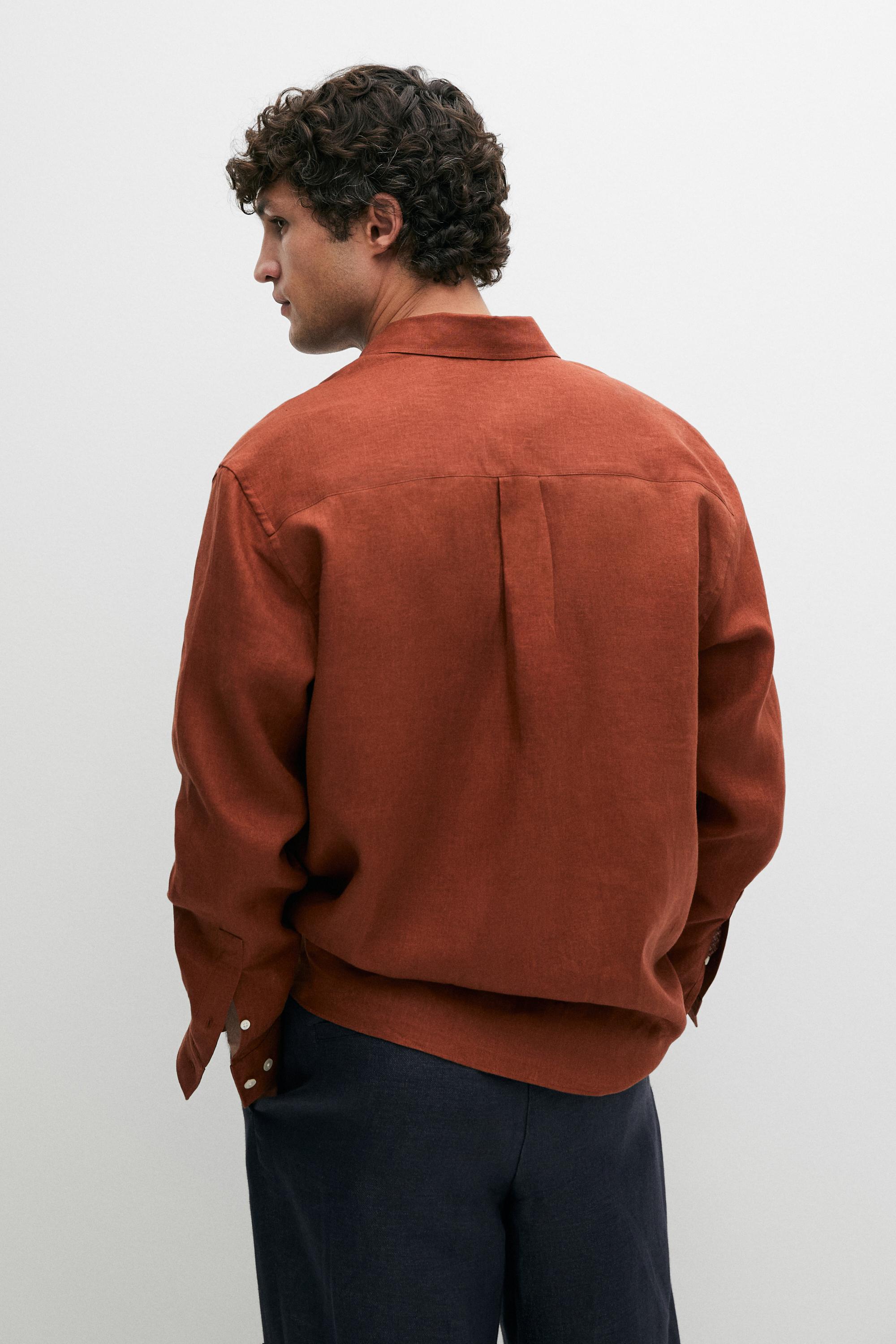 Regular fit 100% linen shirt with pocket detail — BURNT ORANGE
