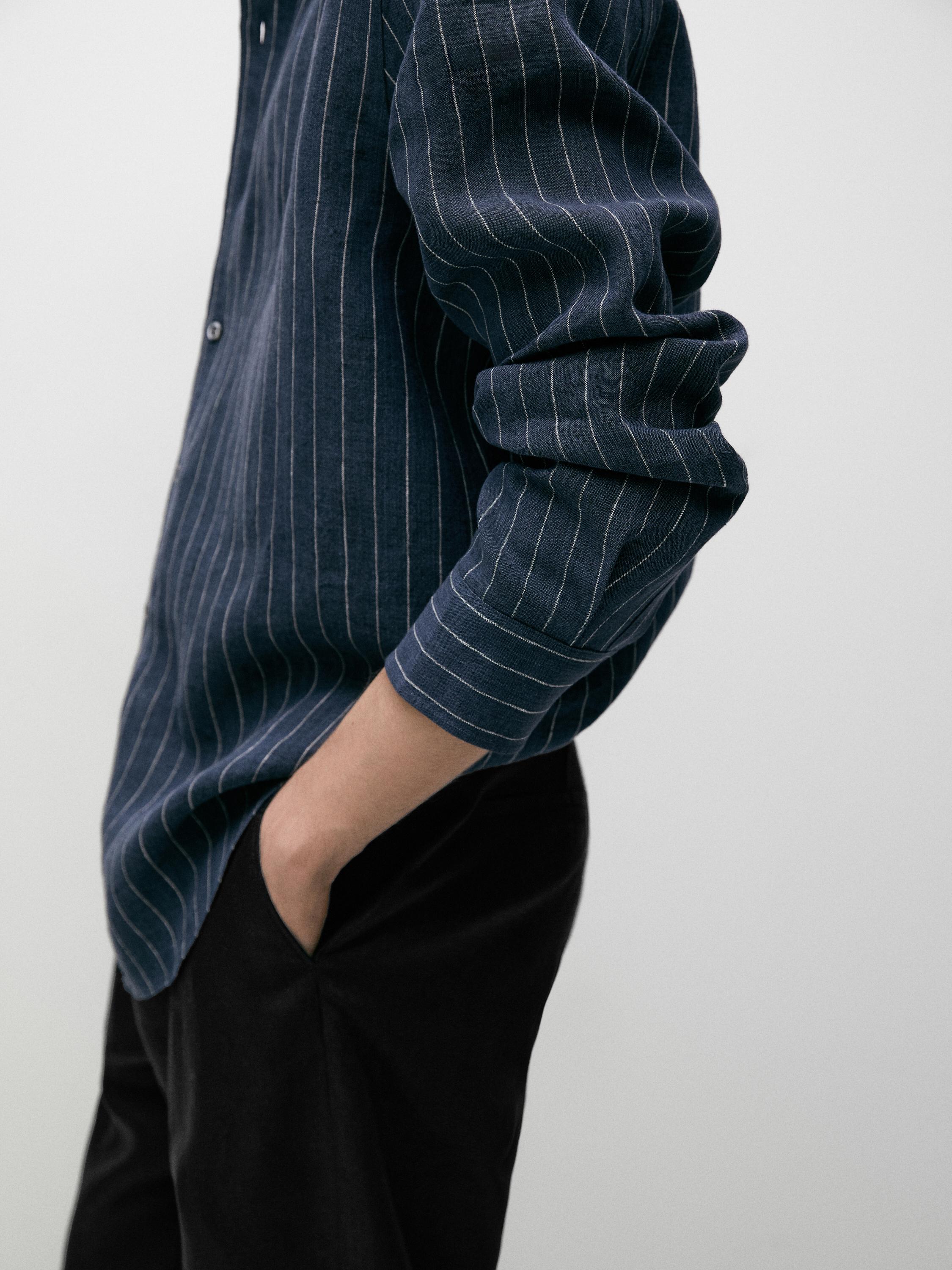 Regular fit 100% linen striped shirt — FADED BLUE
