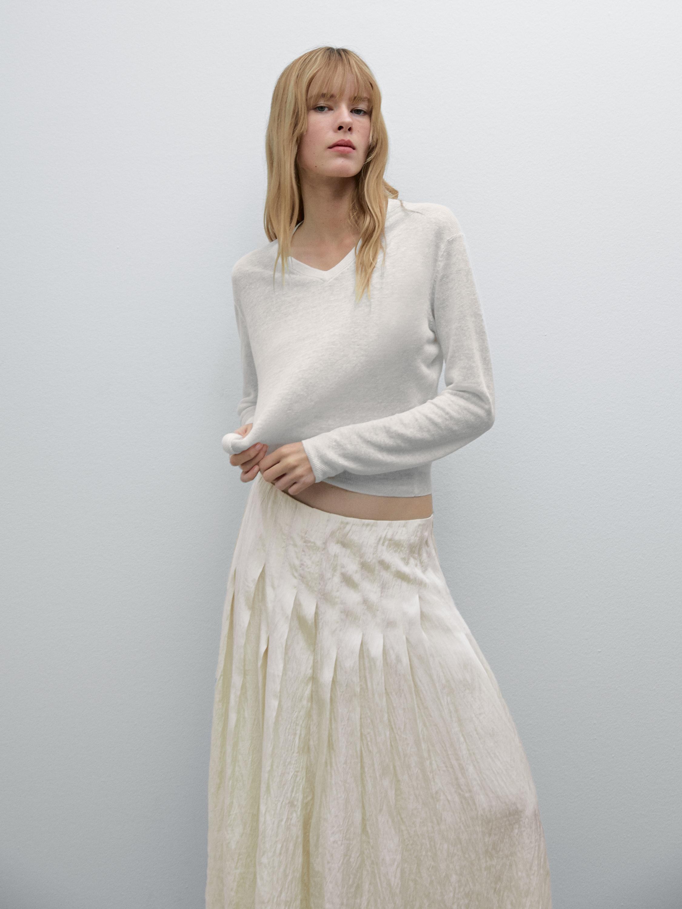 Pull en maille 100 % lin à col en V