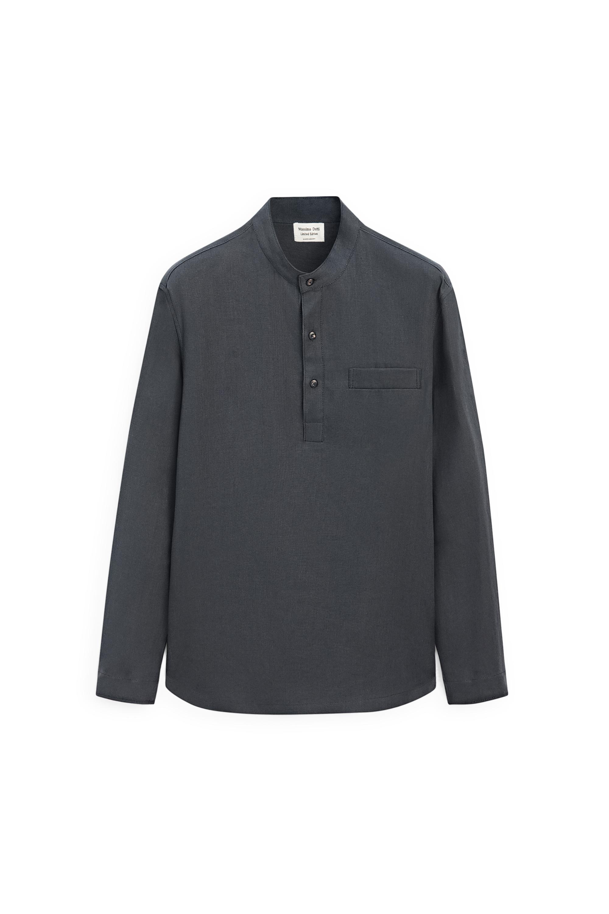 Linen button-up shirt with stand collar - LIMITED EDITION — NAVY BLUE