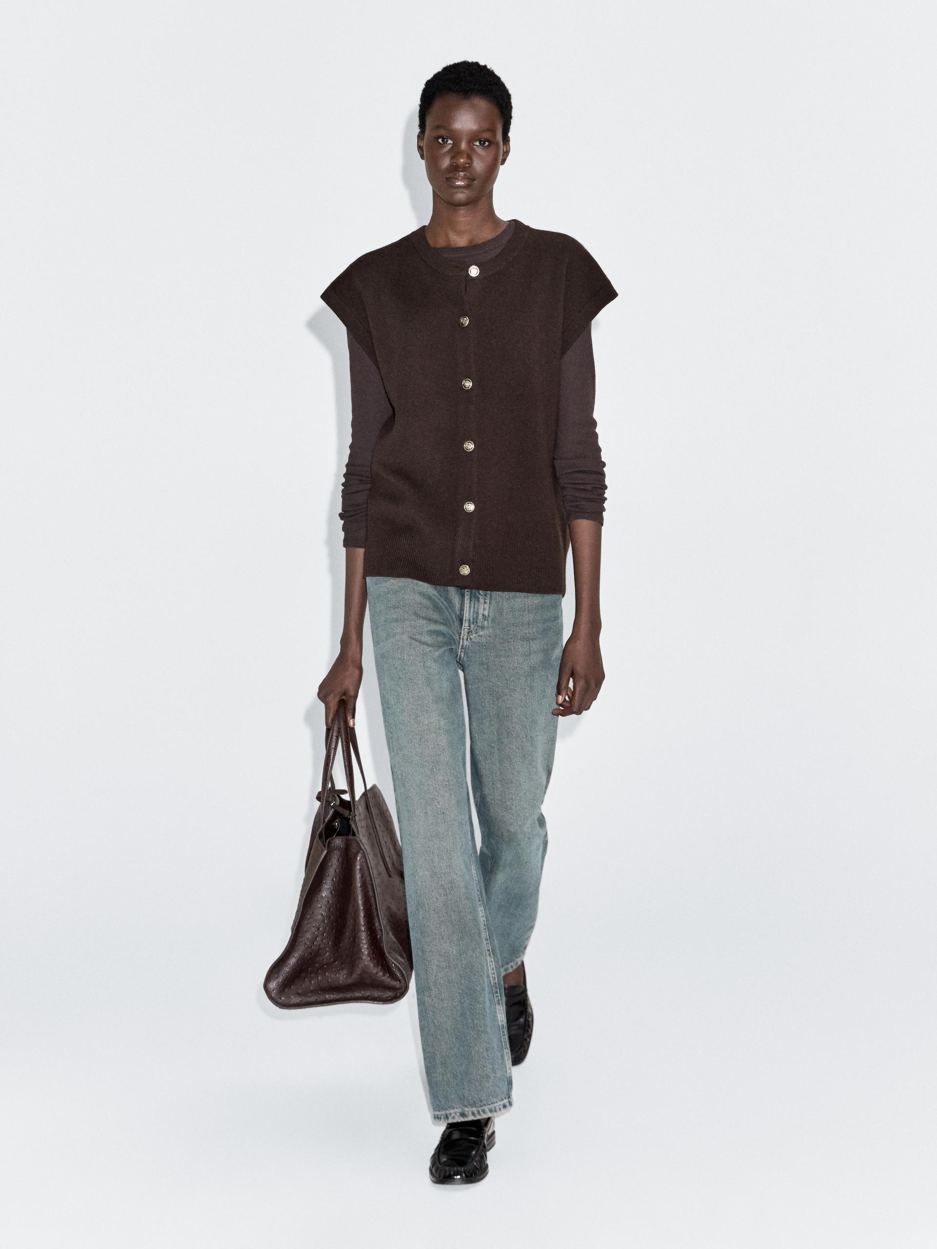 Massimo Dutti Knit Vest With Golden Buttons In Brown