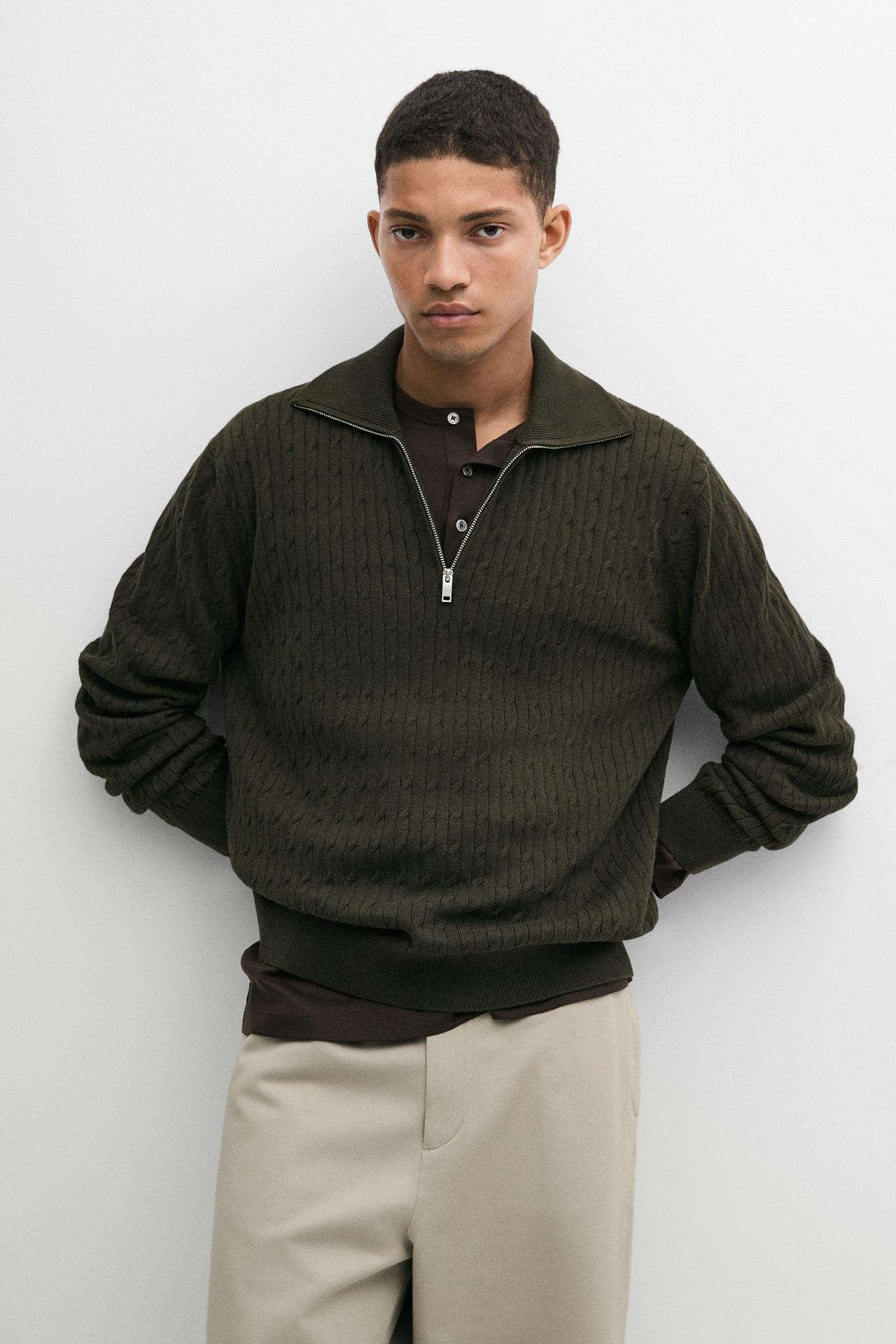 Mock neck knit zip sweater — DARK GREEN