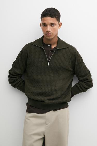 Mock neck knit zip sweater — DARK GREEN 3