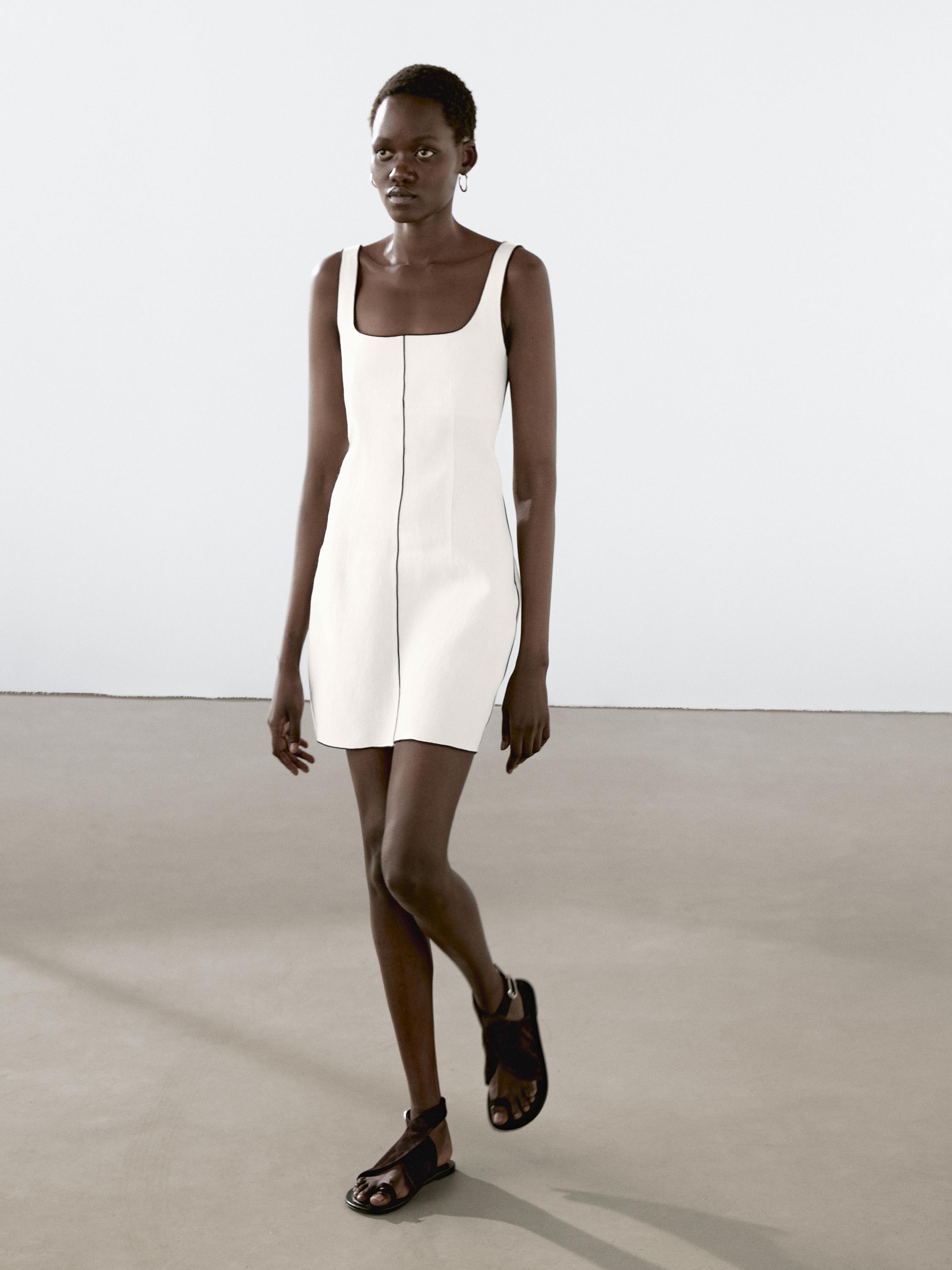 Linen mini dress with contrast trims