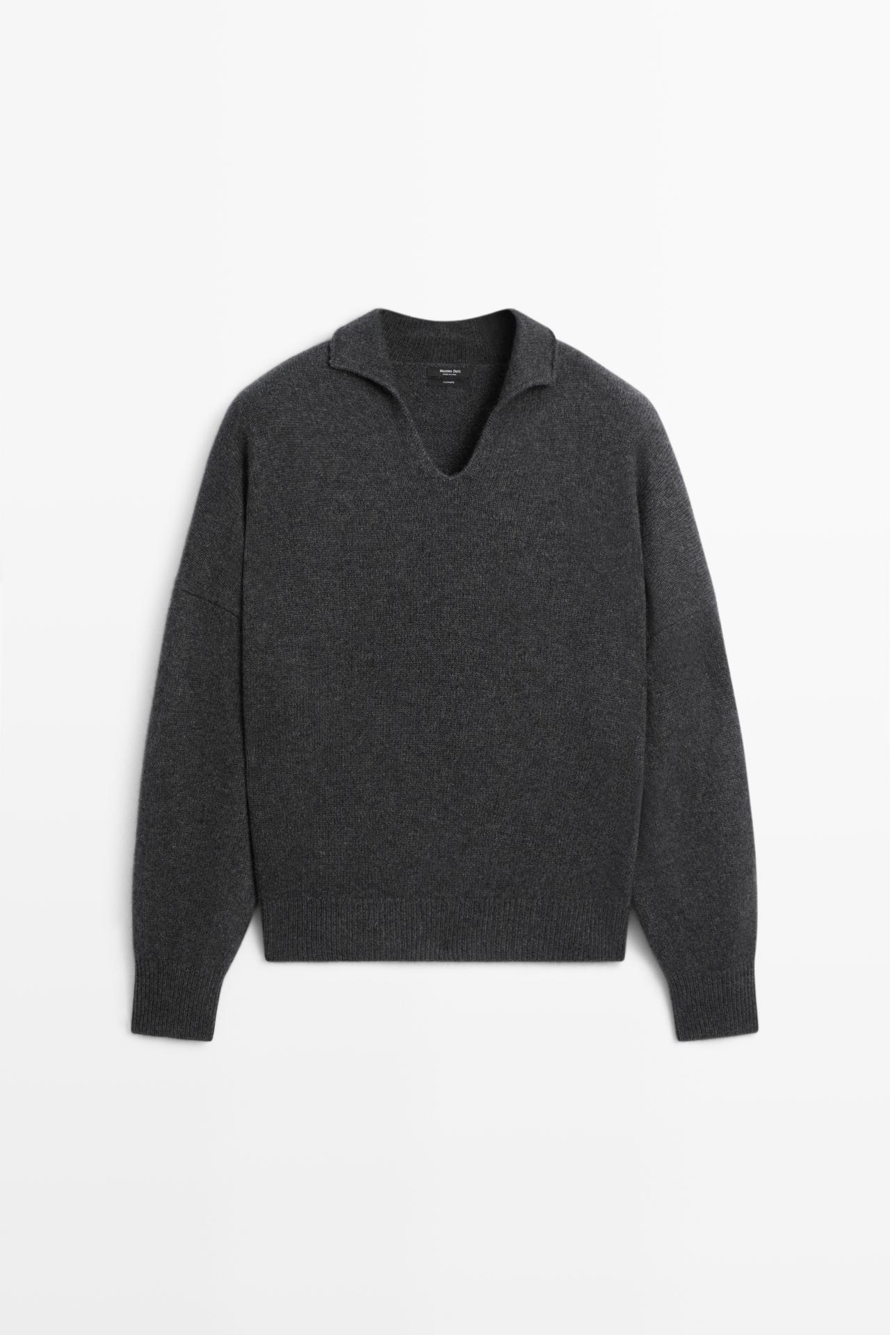 100% cashmere knit polo sweater — DARK GREY