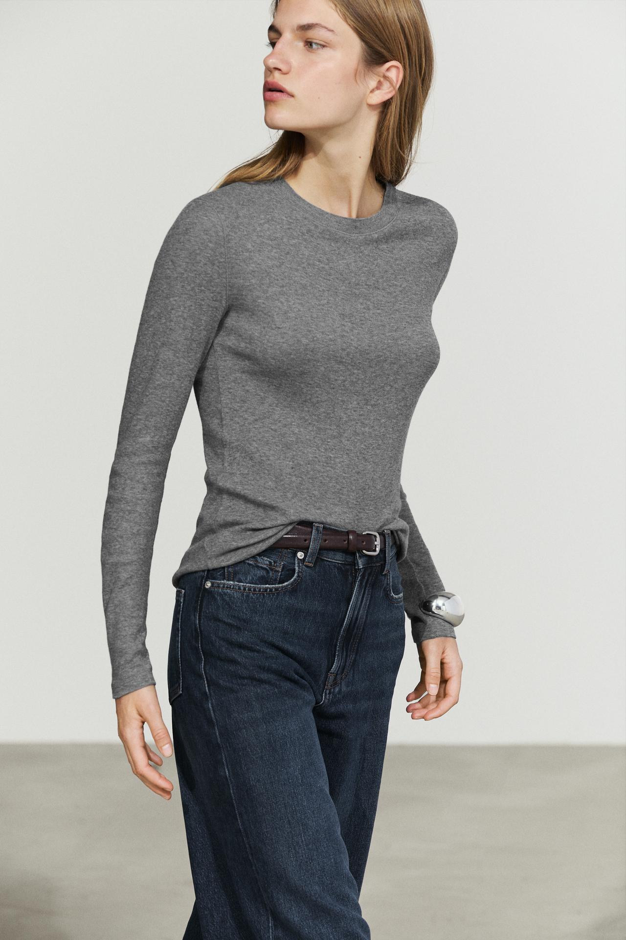 Cotton blend knit T-shirt — PALE GREY