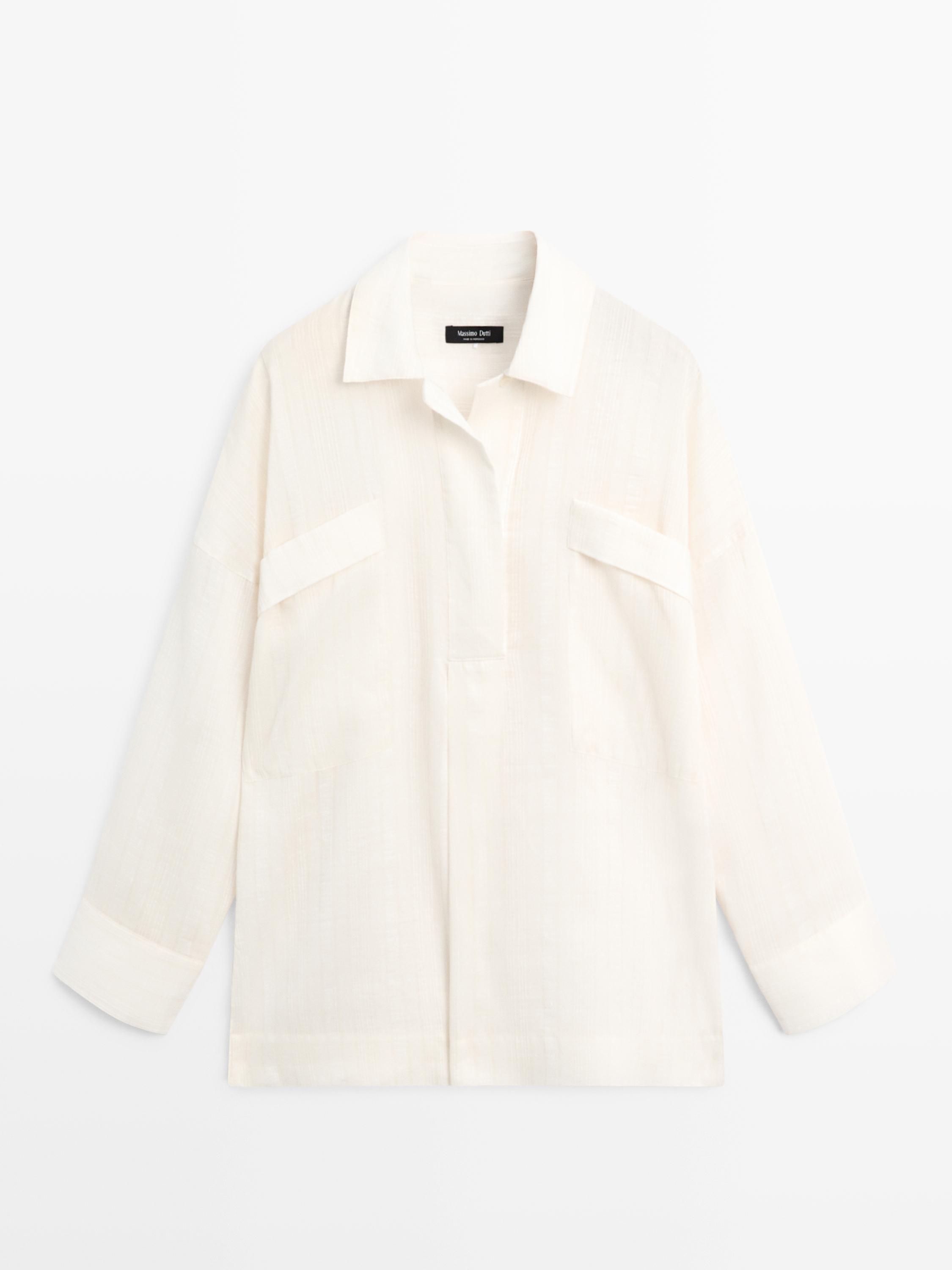Flowing linen and cotton shirt with opening — Off white
