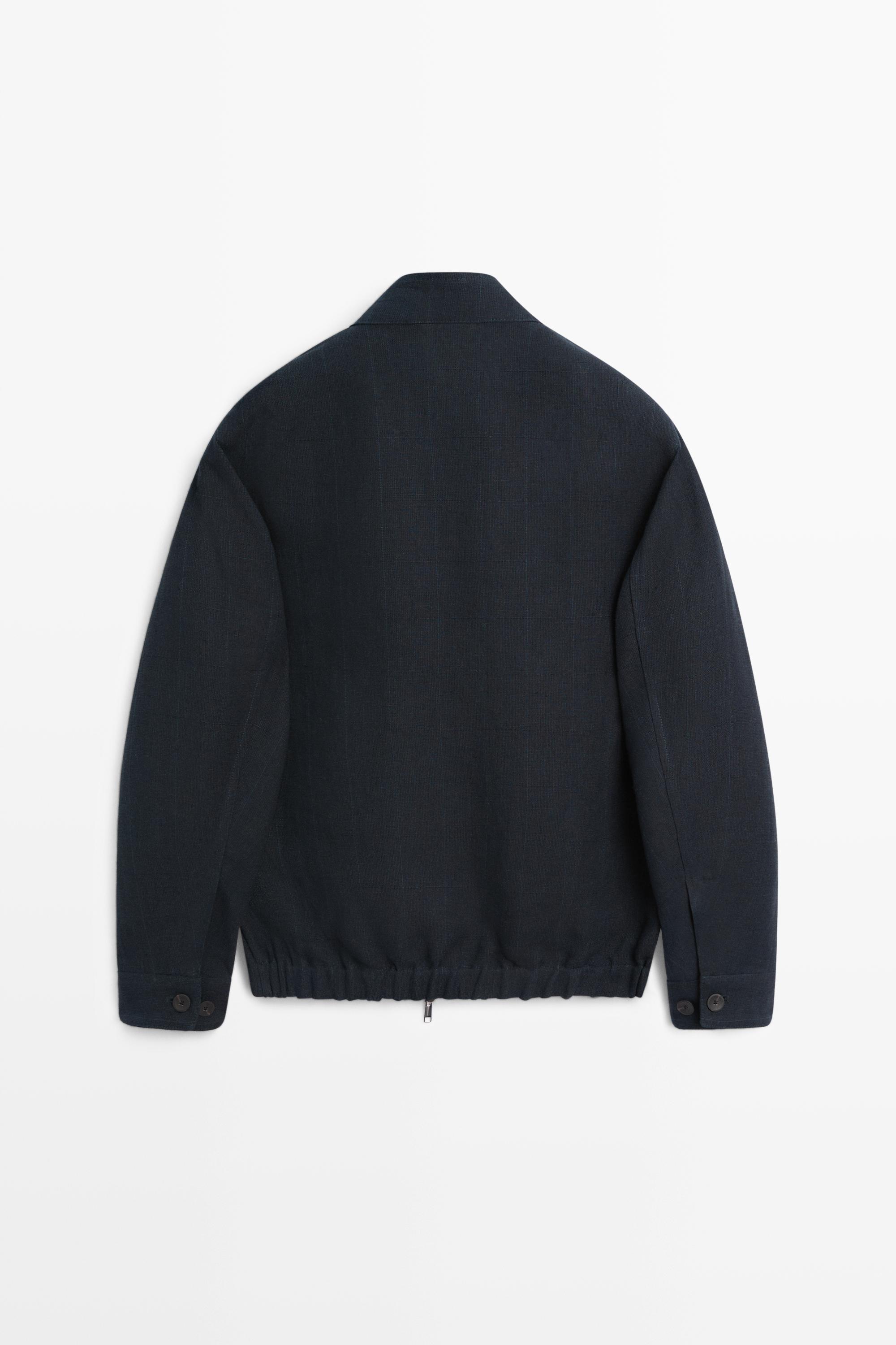 100% linen banded collar jacket — NAVY BLUE