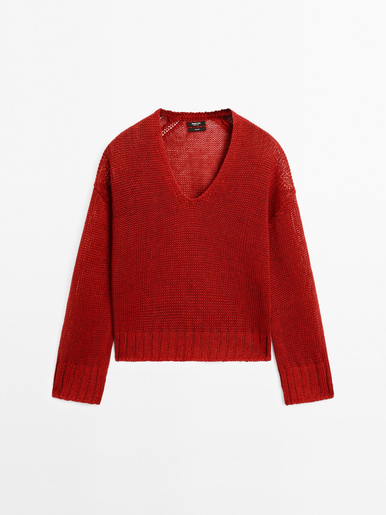 Massimo Dutti - Dame - Strikket Trøje I Hør Med V-Udskæring - Rød - S